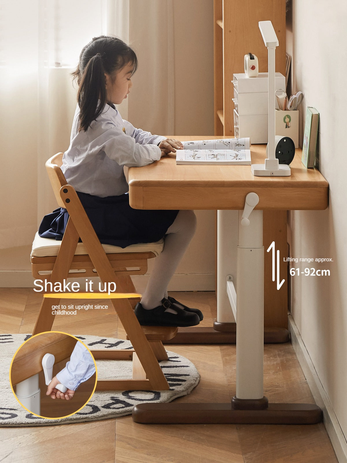 Beech Solid Wood Adjustable Height Kids Study Desk with Hand Crank Lift - Perfect for Homeschooling, Online Learning & Children's Homework Station