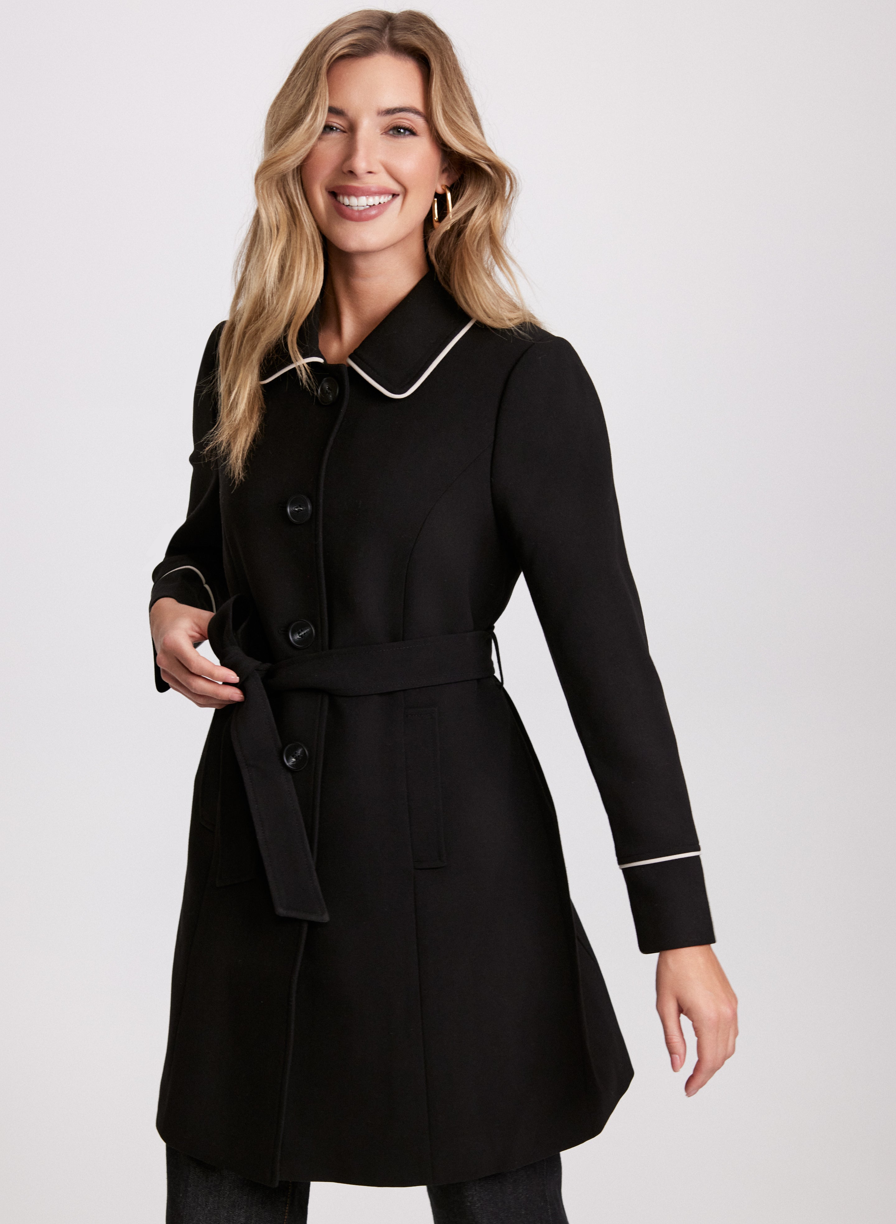 Stylish Contrast Trim Tricotine Coat for Women - Elegant Fall & Winter Outerwear - Perfect for Office, Dating & Special Occasions