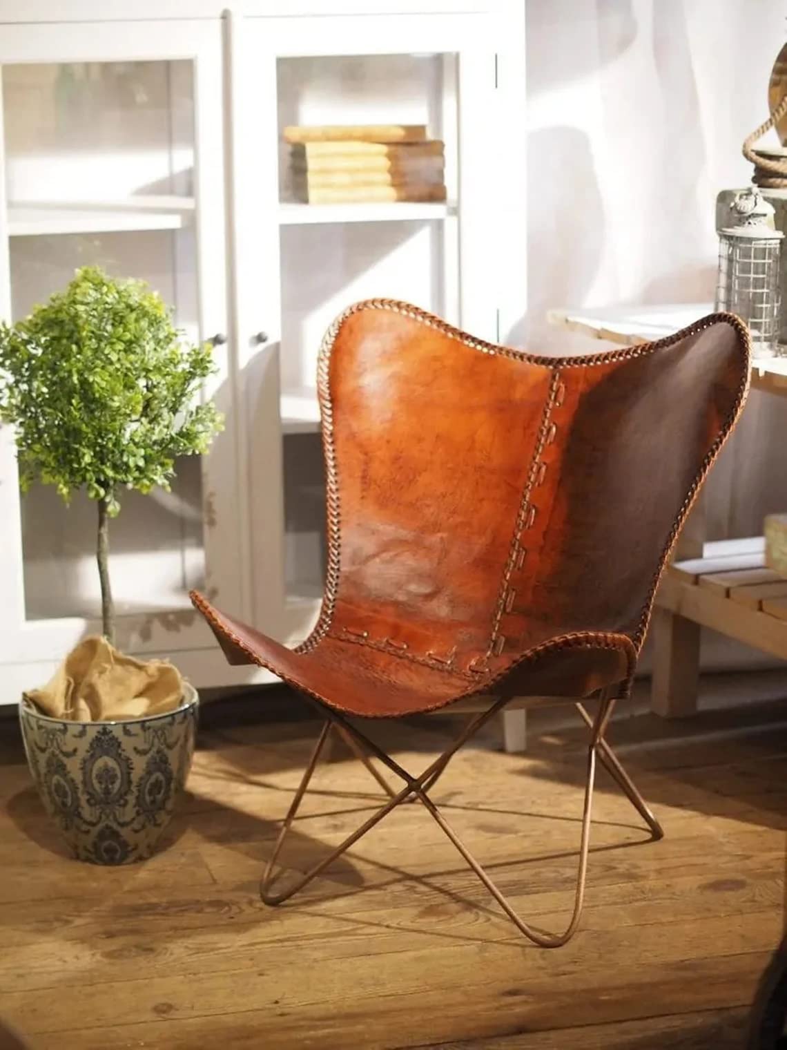 Handmade Vintage Leather Butterfly Accent Chair with Powder Coated Iron Frame - Comfortable Folding Living Room Chair for Small Spaces, Home Office & Bedroom Decor | Perfect for Relaxing, Reading & Adding Elegant Style to Your Home