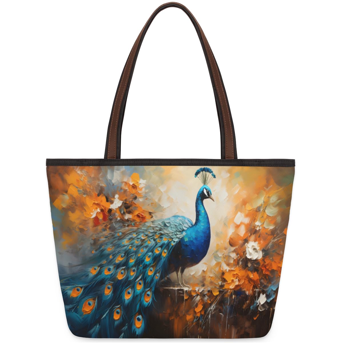 Stylish Peacock Floral Print Tote Bag for Women - Zippered Work & Travel Handbag - Perfect for Office, Commute, Beach & Shopping