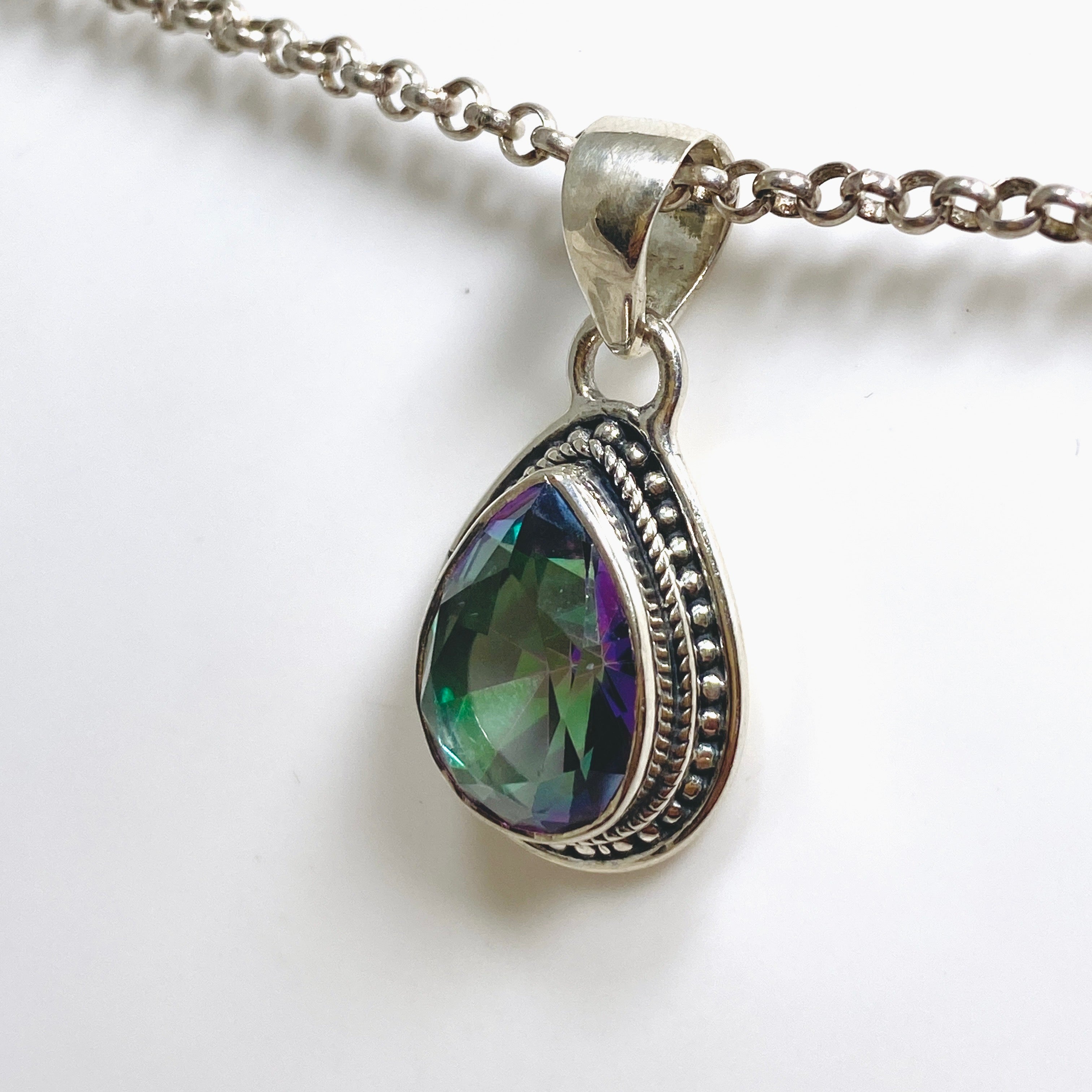 Natural Mystic Topaz Teardrop Faceted Bohemian Pendant Necklace KPGJ4590 - Perfect for Boho Chic Outfits & Special Occasions