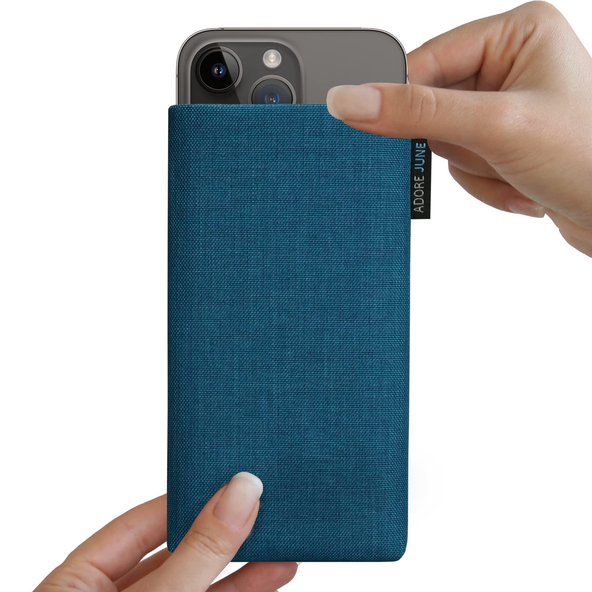 Adore June Classic Ocean-Blue iPhone 14/15 Plus & Pro Max Protective Sleeve Case - Durable Fabric Pouch with Screen Cleaning Feature | Perfect for Travel, Office & Everyday Use
