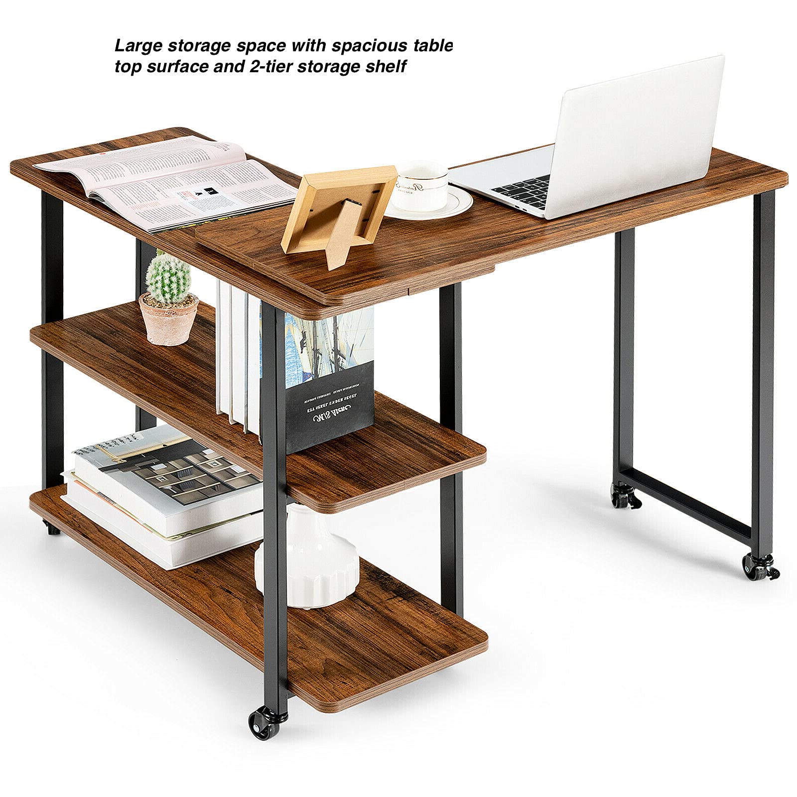 360° Rotating L-Shaped Side Table with 2-Tier Storage Shelf - Brown End Table for Sofa, Bookshelf, Computer Desk - Compact Home Office & Living Room Furniture (31.5