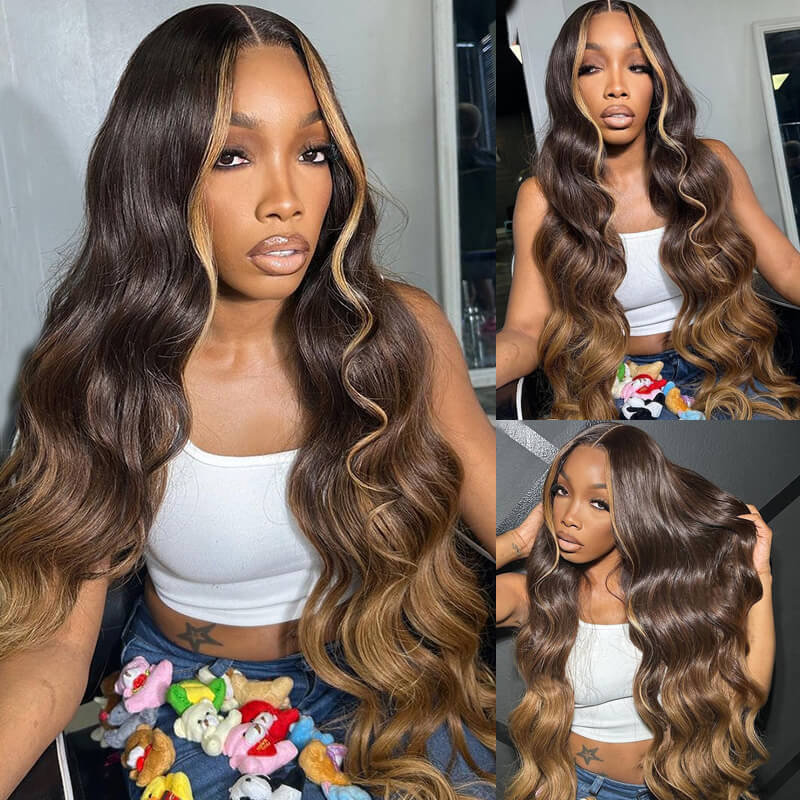 Eullair Honey Brown Skunk Stripe Body Wave Glueless Human Hair Wig with Blonde Lace Frontal - Natural Looking Wigs for Women, Daily Wear & Cosplay