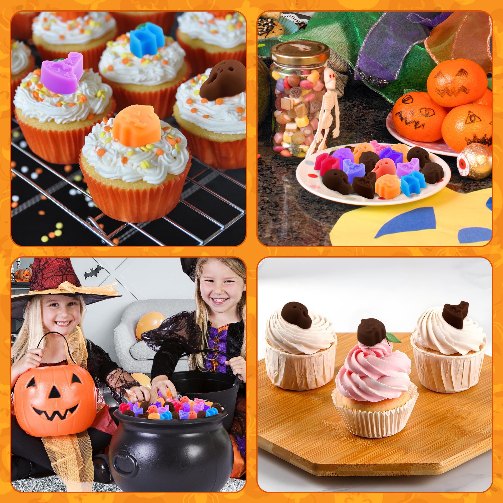 Halloween Candy Molds 4 Pcs - Silicone Chocolate Molds Set with Ghost, Pumpkin, Bat & Witch Hat Shapes - Perfect for DIY Halloween Treats, Party Favors & Home Baking Decorations