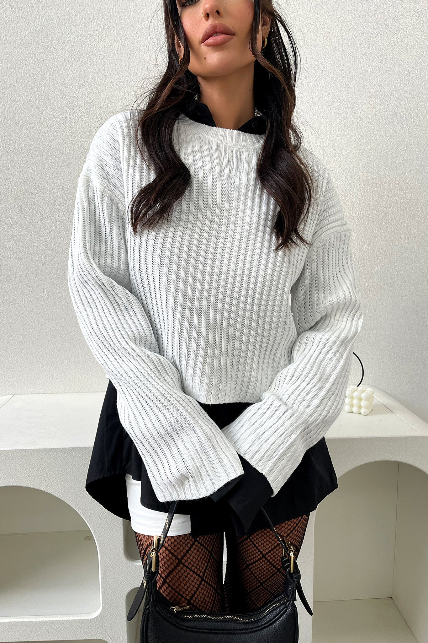 Mina Knit Sweater Women's White - Soft & Cozy Pullover for Fall & Winter | Casual Outfit, Office Wear & Holiday Style