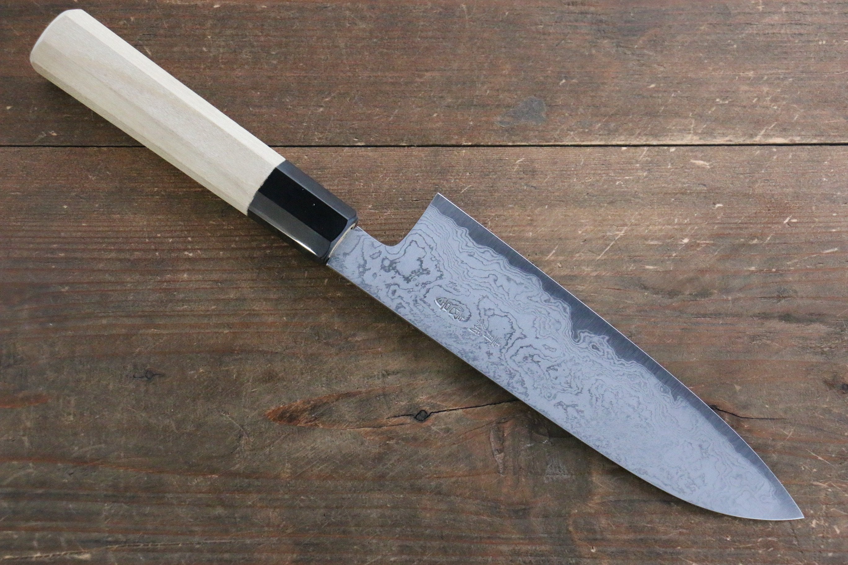 Premium Kikumori Blue Steel No.1 Damascus Santoku Knife 180mm with Magnolia Wood Handle - Japanese Chef Knife for Slicing, Dicing & Chopping Vegetables, Meat & Fish