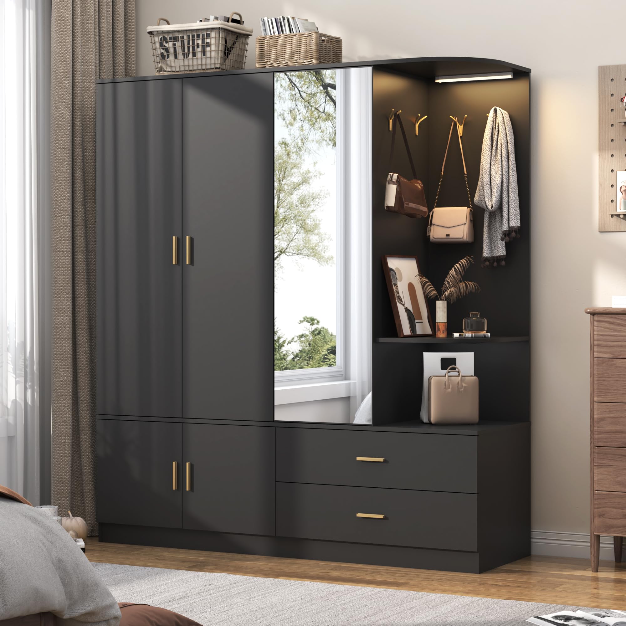 Modern 5-Door Wooden Wardrobe Closet with Mirror & Sensor Light - Large Bedroom Armoire with 2 Drawers, Shelves, 4 Hooks & 2 Hanging Rods - Spacious Storage for Clothes, Shoes & Accessories - Perfect for Master Bedroom, Guest Room or Walk-in Closet Organization