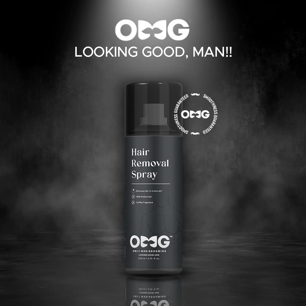 OMG Painless Hair Removal Spray for Men - Quick & Effective Body Hair Removal for Chest, Back, Hands, Legs & Intimate Areas | Enriched with Coffee Fragrance, Shea Butter & Glycerin | Works in Under 10 Minutes | 200ml | Perfect for Smooth Skin Before Beach, Gym or Date Night