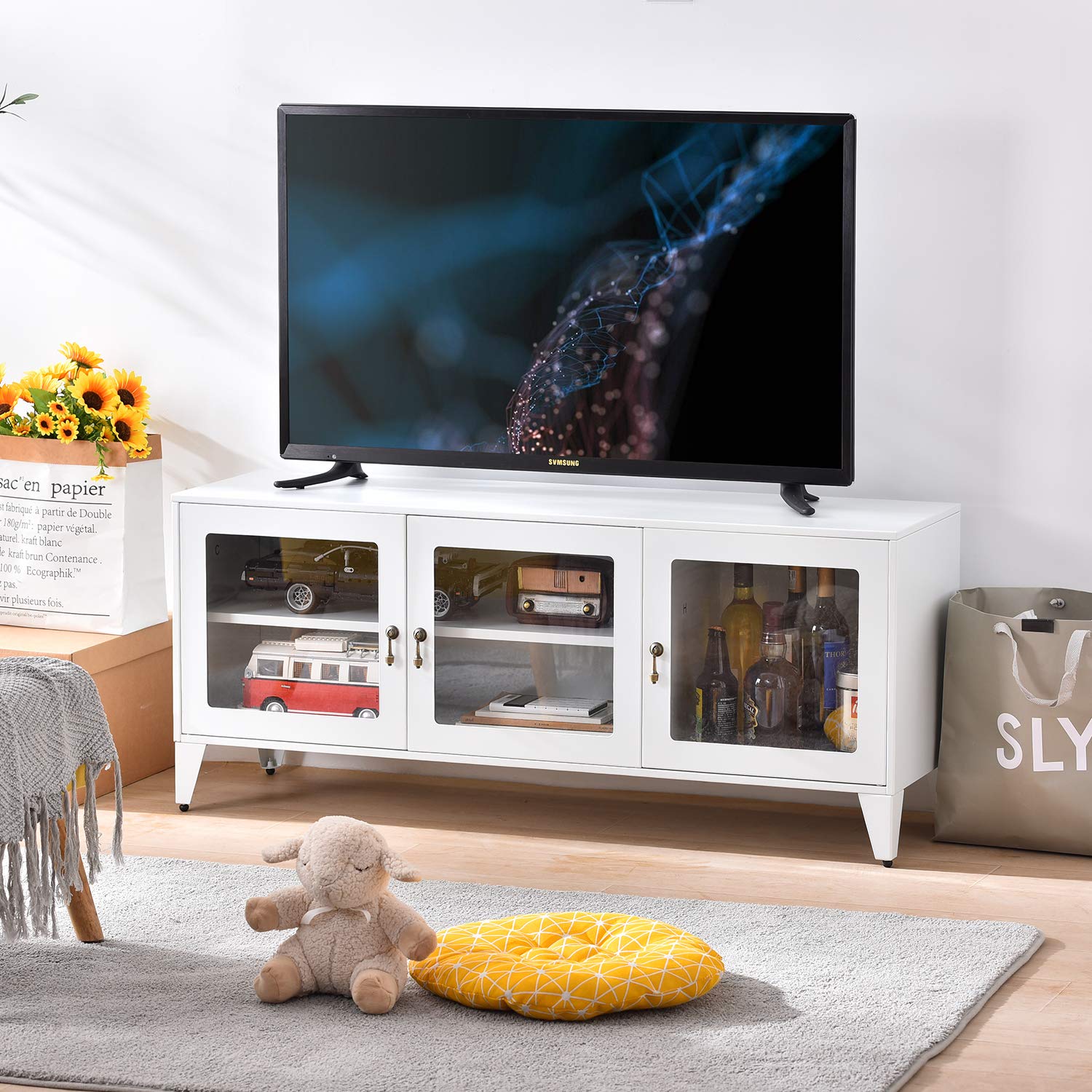 V-HOME 55 Inch TV Stand with Storage - Heavy Duty Metal TV Cabinet, Large Space with 1 Shelf & 3 Doors - Entertainment Center for Living Room, Console Table for TV (White) - Perfect for Home Theater Setup & Modern Living Spaces