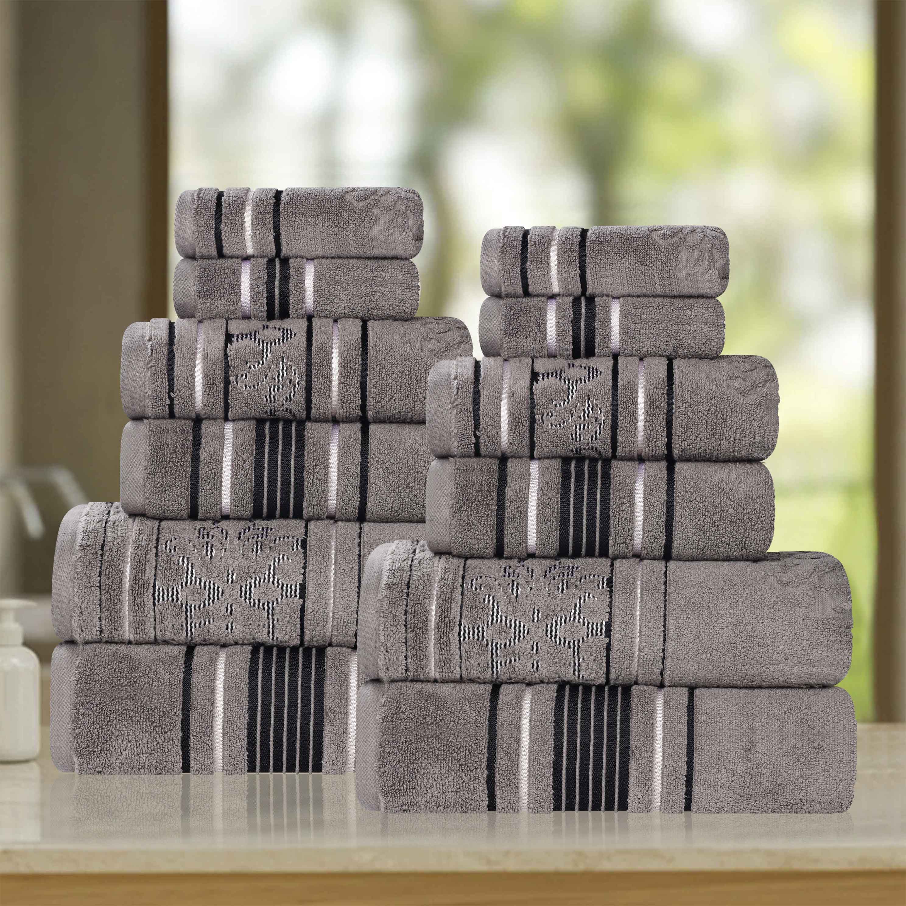 Premium 12-Piece Sadie Zero Twist Cotton Towel Set - Solid & Jacquard Floral Designs | Ultra Soft, Absorbent Bath & Beach Towels for Spa, Pool, Gym & Home Use