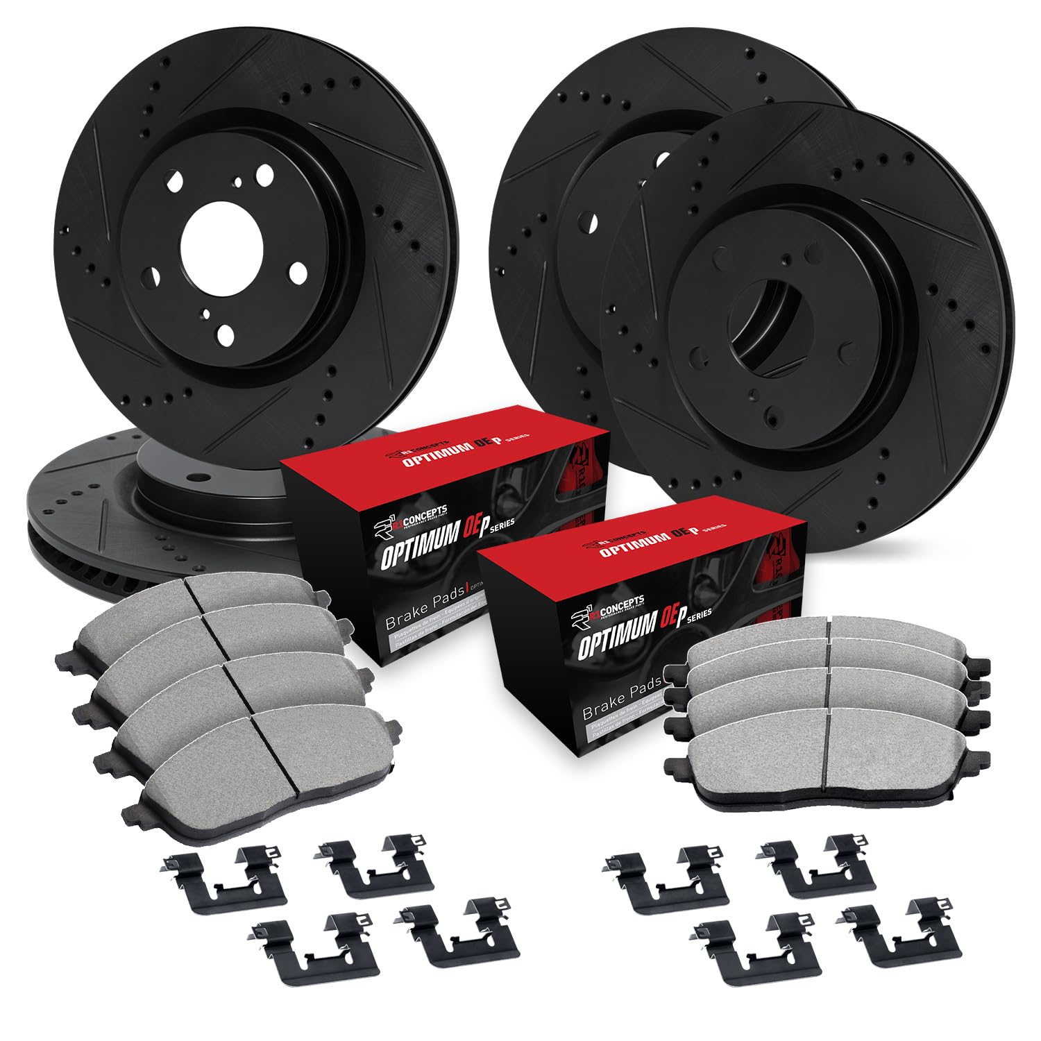R1 Concepts Front & Rear Brake Pads and Rotors Kit - Premium OEp Brake Pads with Drilled & Slotted Rotors & Hardware Kit (CBC.27001.47) | Perfect for Daily Driving, Performance Cars & Truck Upgrades