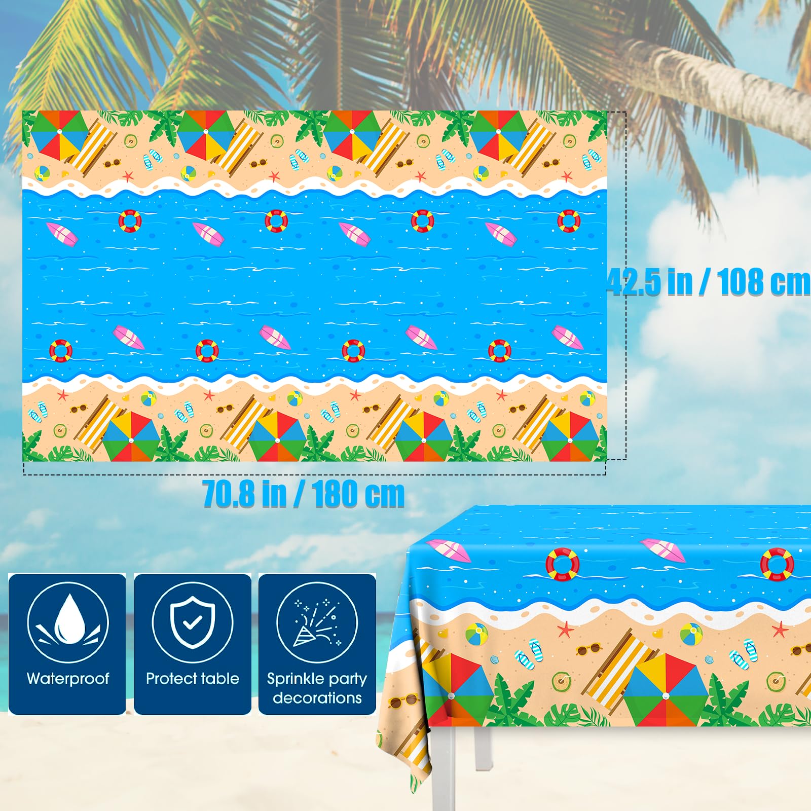 GREHUMOR 3-Pack Waterproof Disposable Plastic Tablecloths - Beach Theme Party Decorations for Hawaiian, Summer, Ocean & Pool Birthday Parties - Perfect for Outdoor BBQs, Picnics & Poolside Gatherings