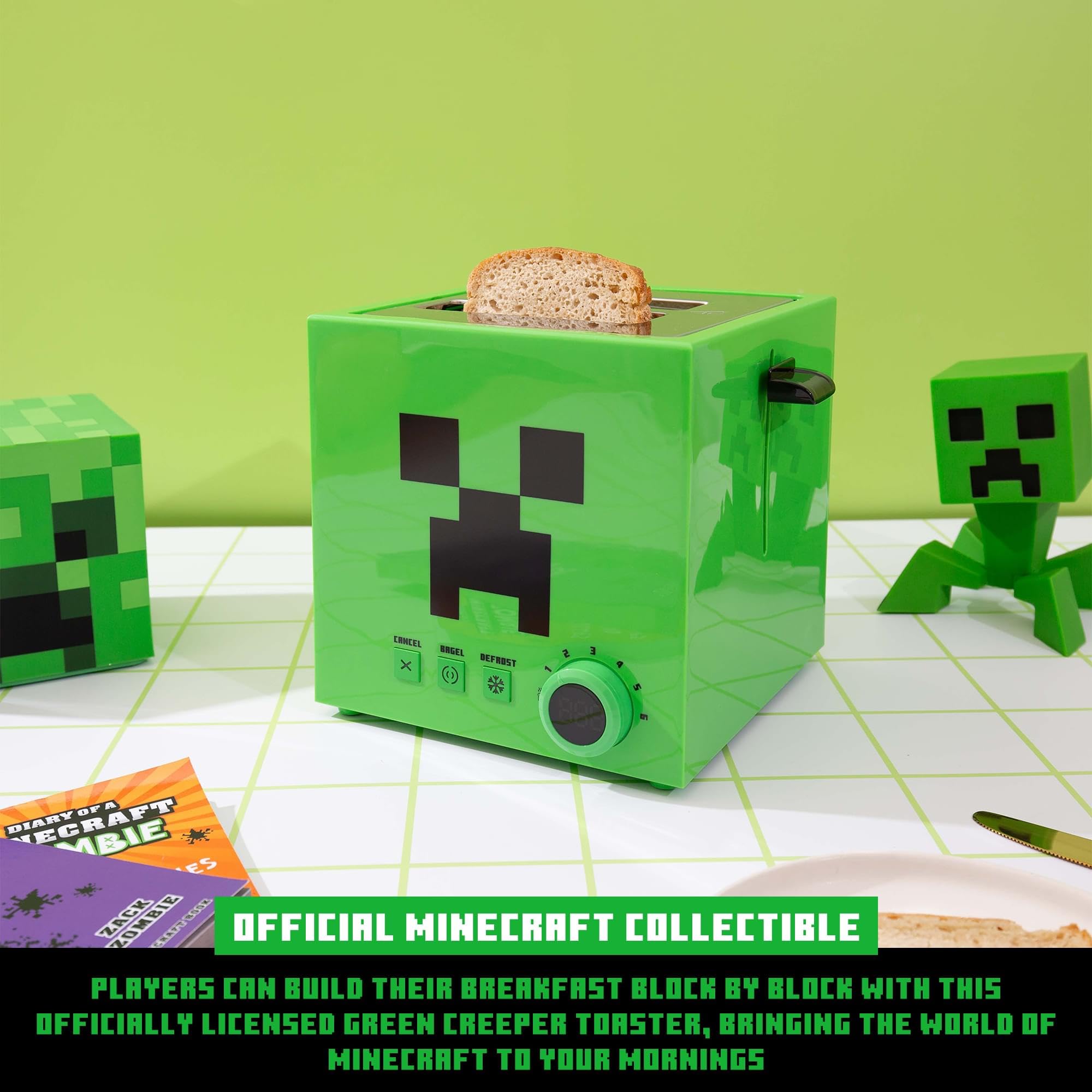 Minecraft Green Creeper 2-Slice Toaster for Bagels, Waffles & Bread - 6 Browning Settings with Defrost Function - Prints Creeper Face Design - Perfect for Gamers, Kids & Minecraft Fans Breakfast