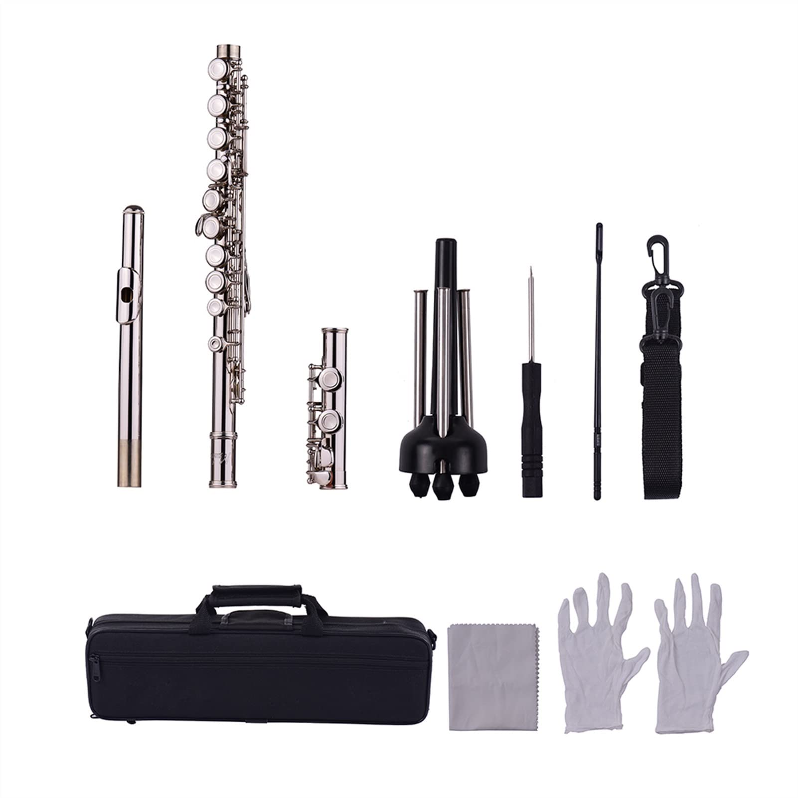 16-Hole Cupronickel Silver Plated Flute with Cleaning Kit - Professional Woodwind Instrument for Beginners & Musicians - Perfect for Band Practice, Performances & Music Lessons