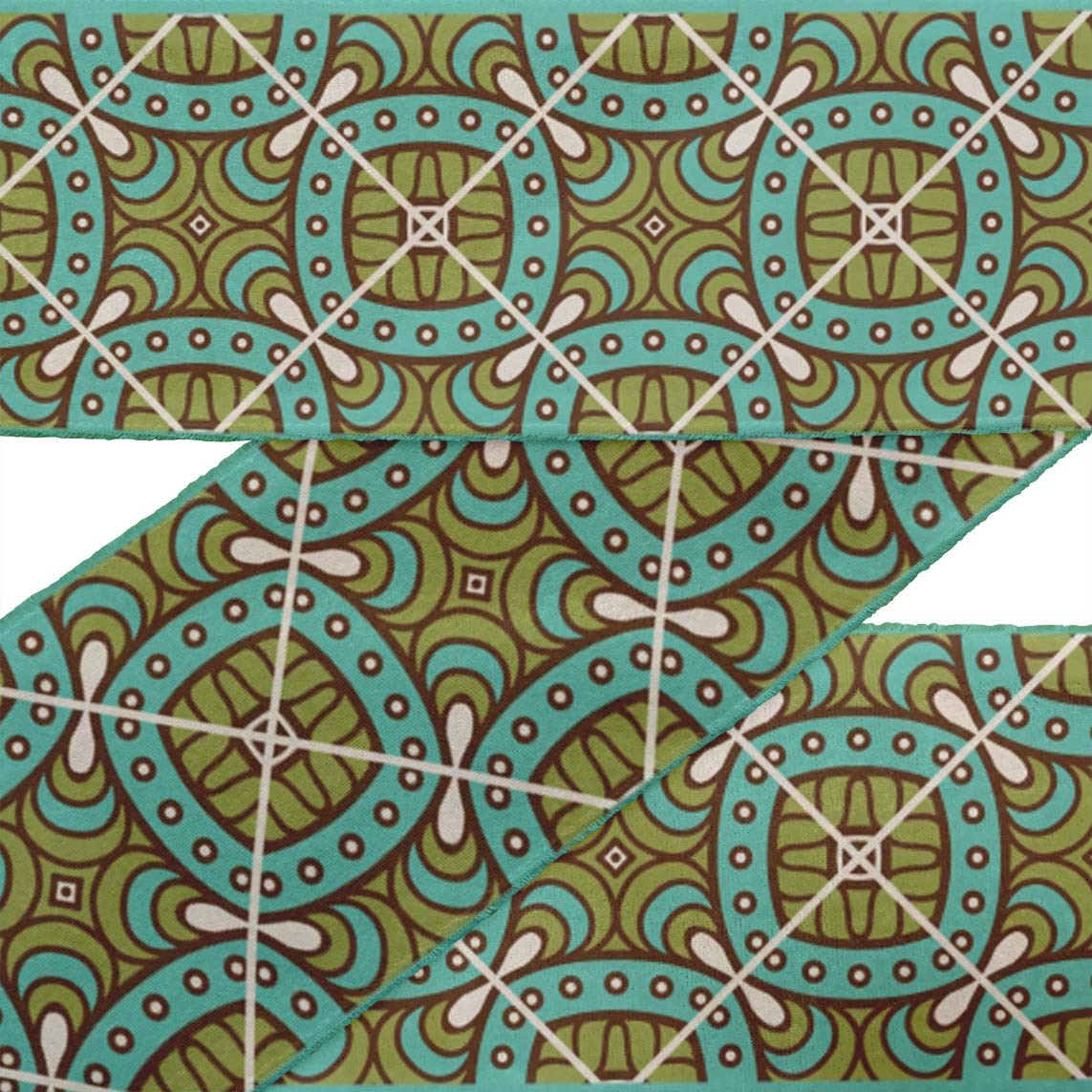 Green Artistic Floral Ethnic Printed Ribbon Trim - 9 Yard Dupion Fabric Laces for Crafts & Sewing Accessories (3 Inches Wide) - Perfect for DIY Projects, Costume Design, and Home Decor