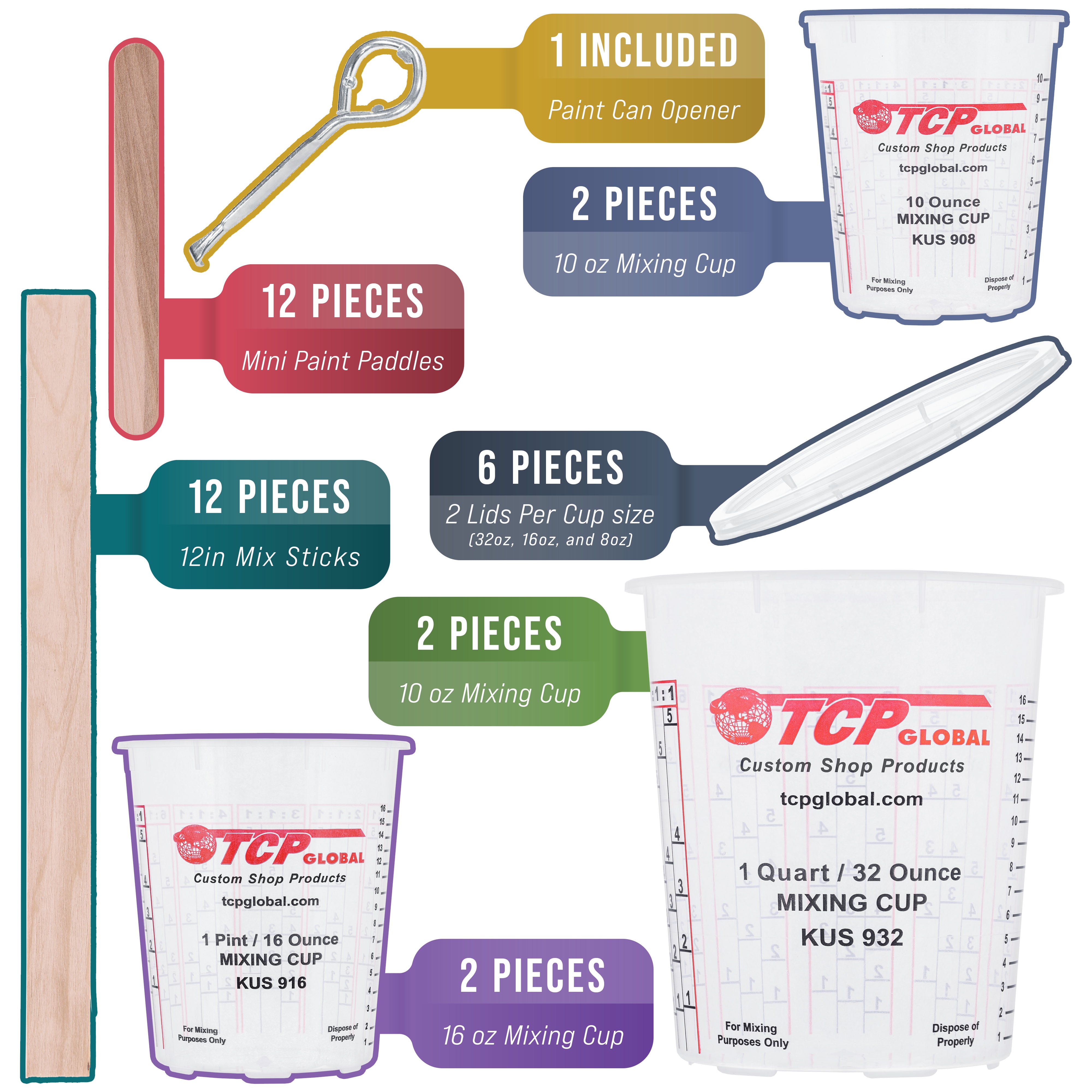 Epoxy Resin Paint Mixing Cups Kit - 10 Pack Disposable Plastic Measuring Cups with Lids, Paint Sticks, Mini Mixing Paddles, Auto Paint Strainers & Can Opener - Essential Supplies for DIY Crafts, Auto Painting & Home Improvement Projects