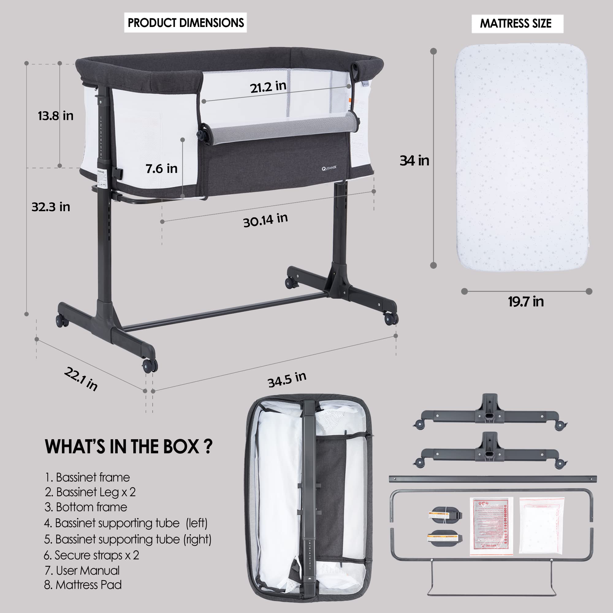 Portable Baby Bassinet Bedside Sleeper with Wheels - Lightweight Foldable Crib for Newborns & Infants, Breathable Mesh & Adjustable Height (Grey) - Perfect for Nursery, Bedroom Co-Sleeping & Travel