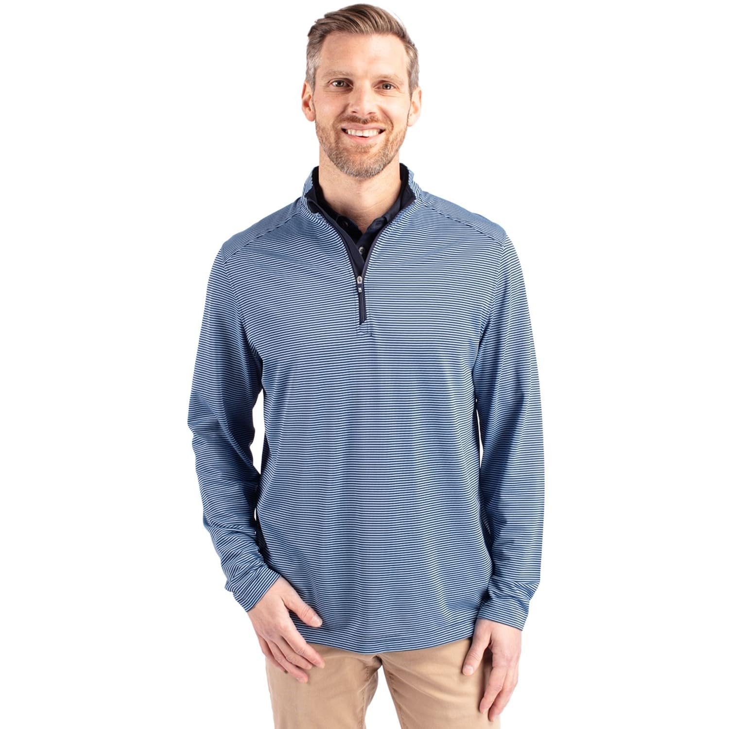 Cutter & Buck Virtue Eco Pique Micro Stripe Recycled Men's Quarter Zip Pullover - Sustainable Golf & Casual Wear for Men