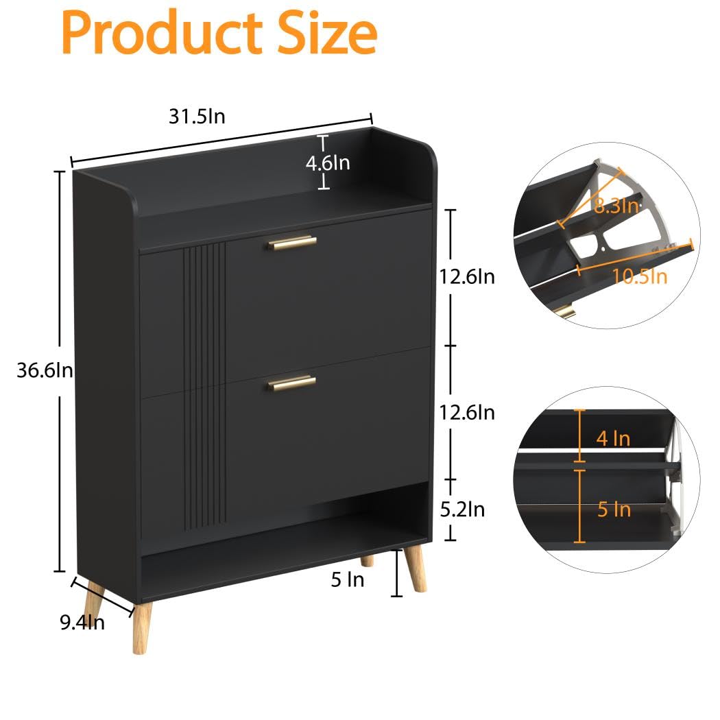 Garden 4 You 2-Drawer Shoe Storage Cabinet with Wooden Legs - Freestanding Shoe Organizer for Entryway, Hallway, Living Room & Bedroom - Space Saving Narrow Shoe Rack for Small Spaces (Black) - Perfect for Apartment Dwellers & Home Organization