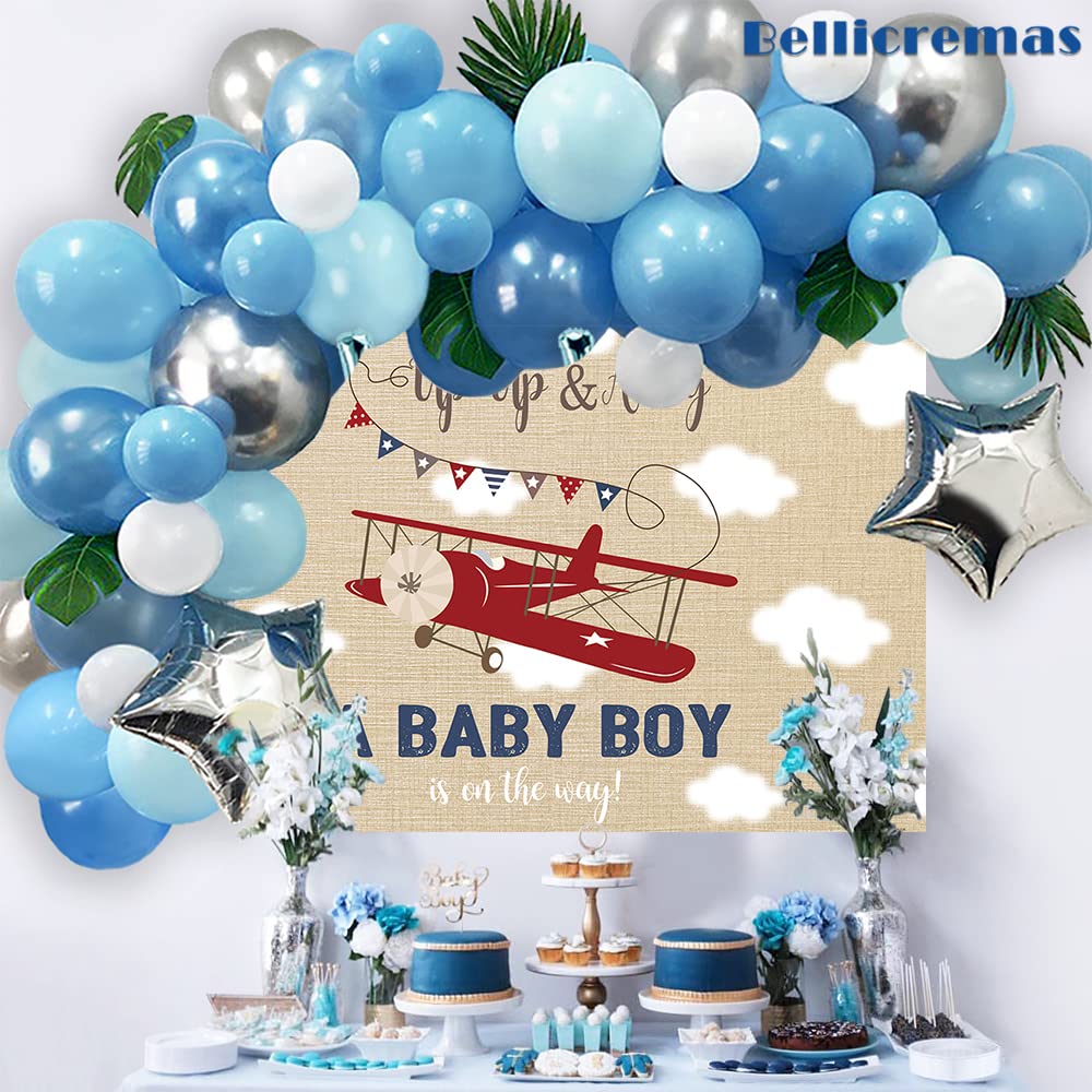 Airplane Baby Shower Backdrop - Up & Away Boy Decor for Adventure Theme Party