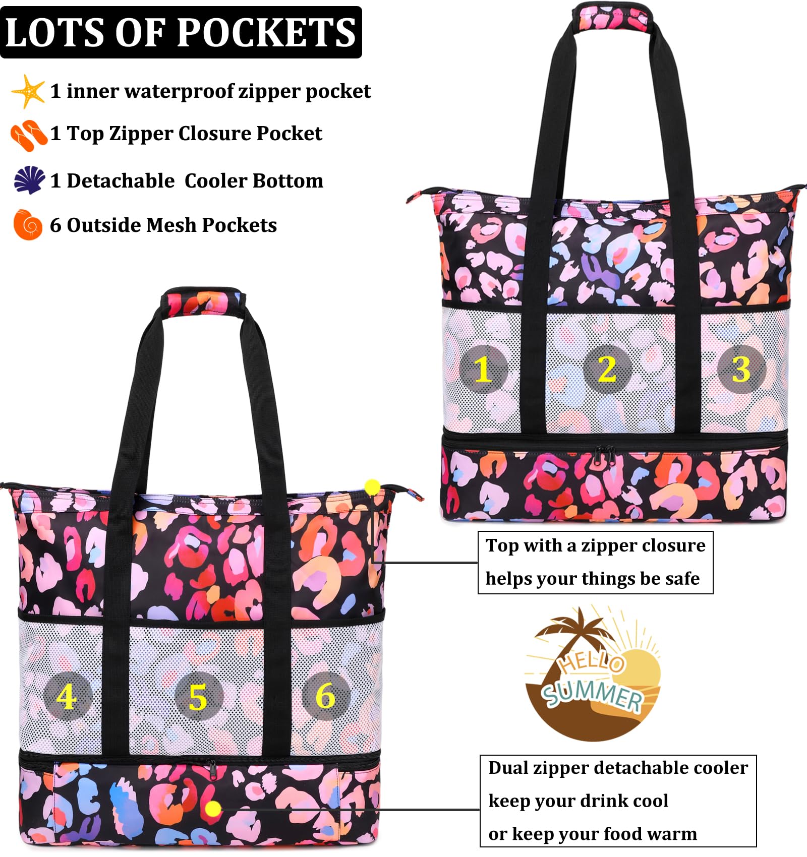 Waterproof Beach Tote Bag for Women with Cooler - Sandproof Pool Travel Tote