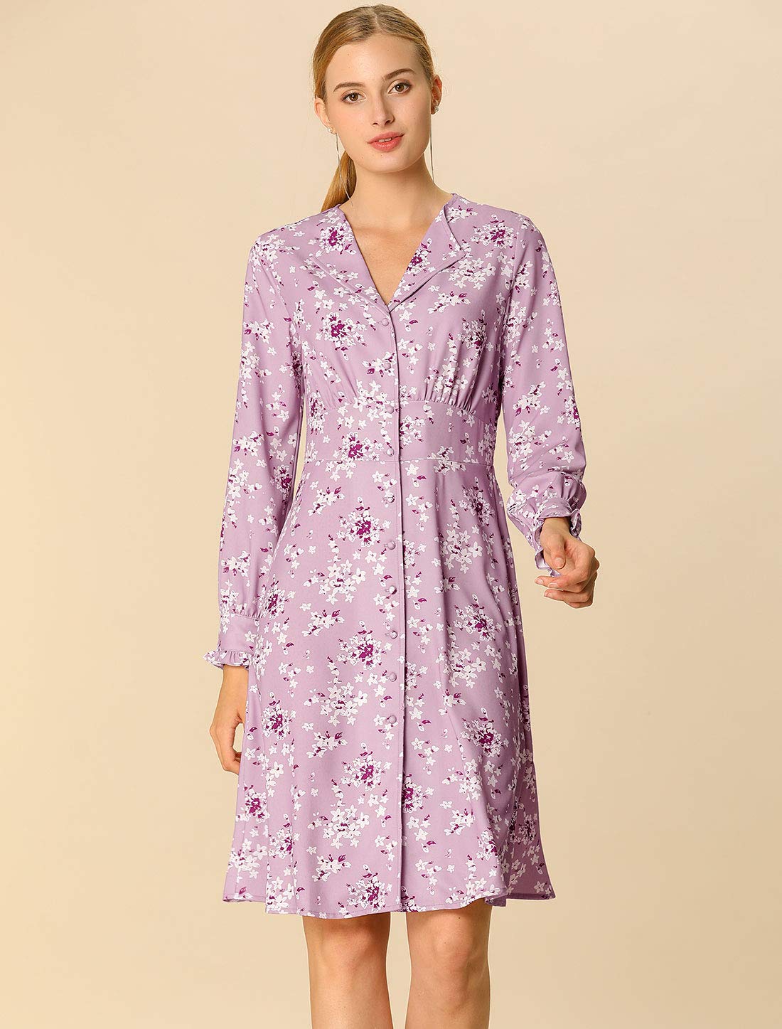 Allegra K Women's Floral Smocked Waist Shirt Dress with Notch Lapel Long Sleeve for Fall | Elegant Office Wear & Casual Outings