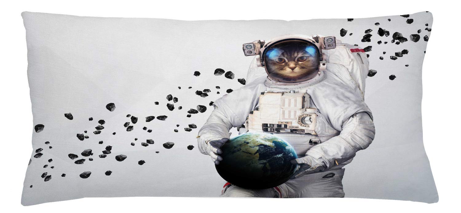 Ambesonne Space Cat Throw Pillow Cover - Astronaut Kitten in Space Suit Holding Planet with Galaxy Print - Decorative Rectangle Cushion Case 36x16 Inches - White Black Blue - Perfect for Living Room, Bedroom, or Space-Themed Decor