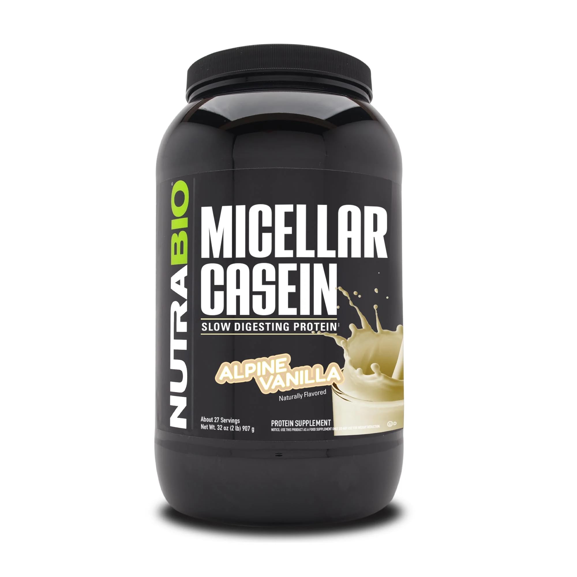 NutraBio Micellar Casein Protein Powder - Slow Digesting Muscle Growth Supplement with Essential Amino Acids - Non-GMO, Gluten & Soy Free - 2 lbs Vanilla Flavor for Post-Workout Recovery & Overnight Muscle Repair
