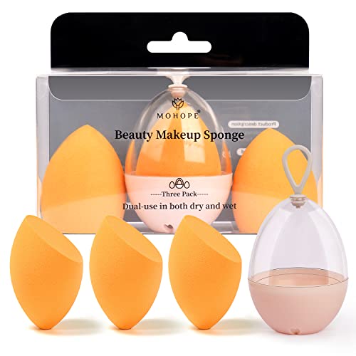 Premium MOHOPE Beauty Blender Makeup Sponge Set - 3 Reusable Foundation Sponges with Holder Case for Liquid, Cream & Powder (Wet/Dry Use) - Perfect for Professional Makeup Application & Travel