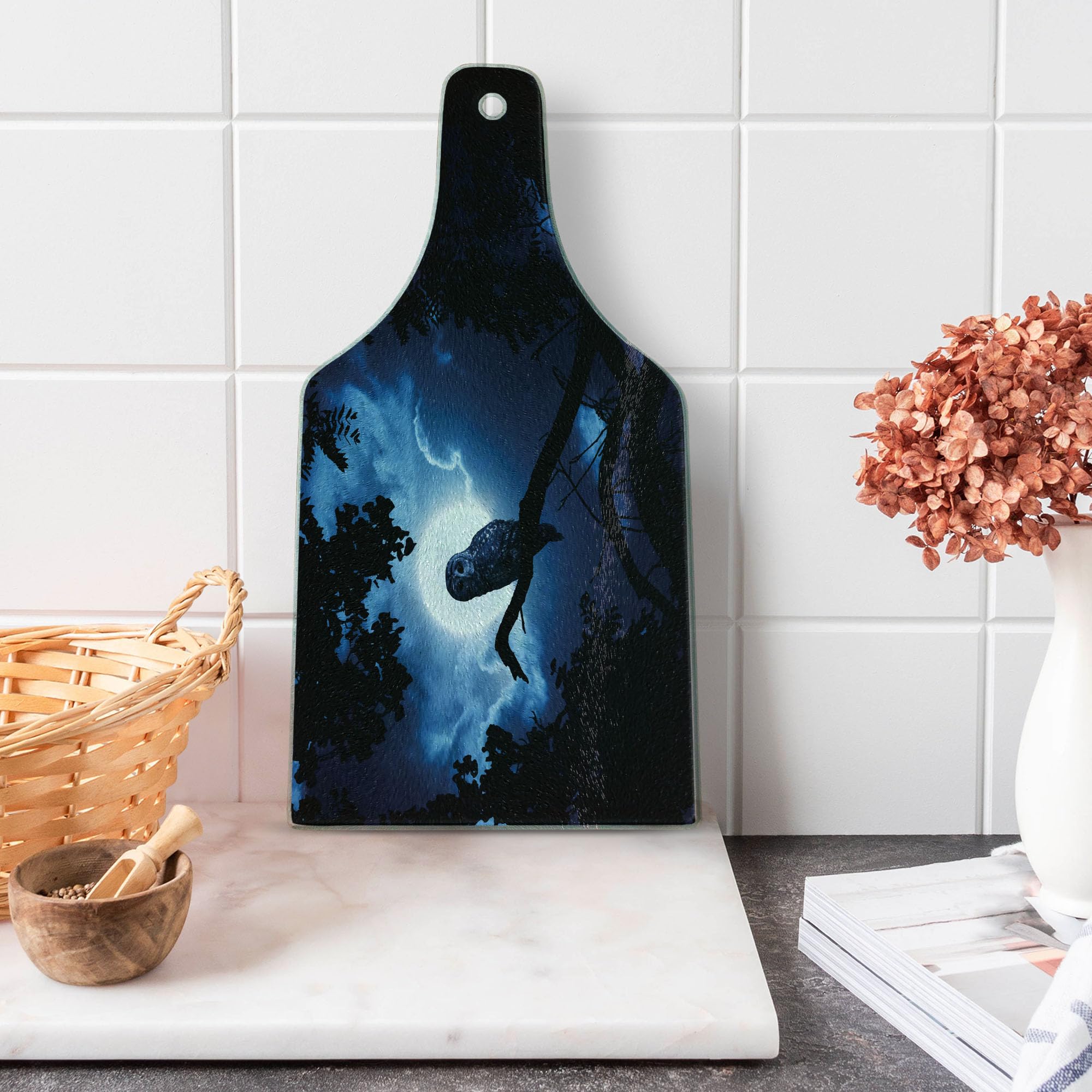 Ambesonne Night Themed Cutting Board - Tranquil Woods with Full Moon, Tall Trees & Owl on Branch - Tempered Glass Serving Board for Cheese, Charcuterie & Wine - Elegant Black Blue White Design - Perfect for Dinner Parties, Gifts & Home Decor