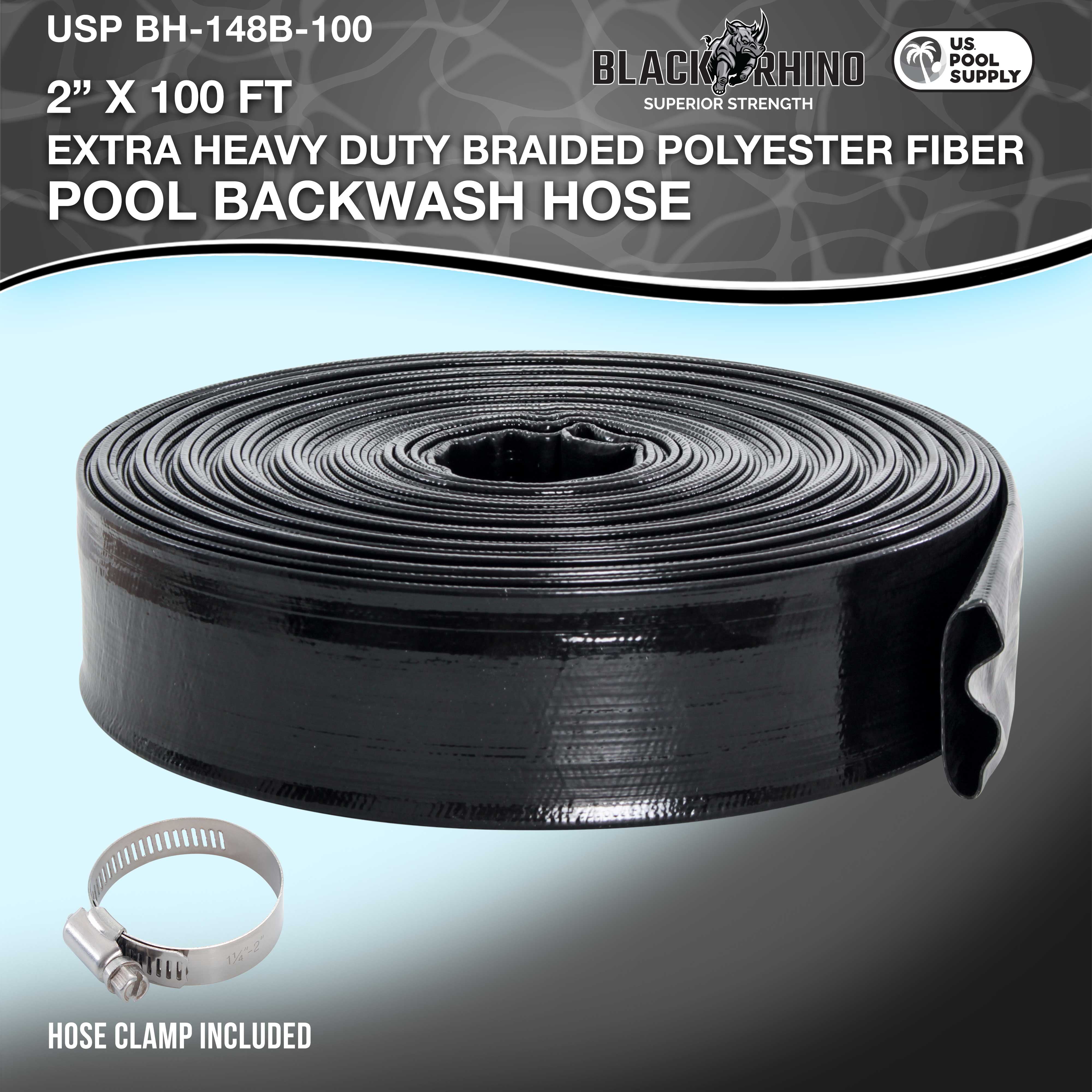 U.S. Pool Supply® Black Rhino 2-Pack 100' Heavy Duty Backwash Hose with Hose Clamps - 1.2mm Thick Weather-Resistant Pool Maintenance Hose for Inground & Above Ground Pools