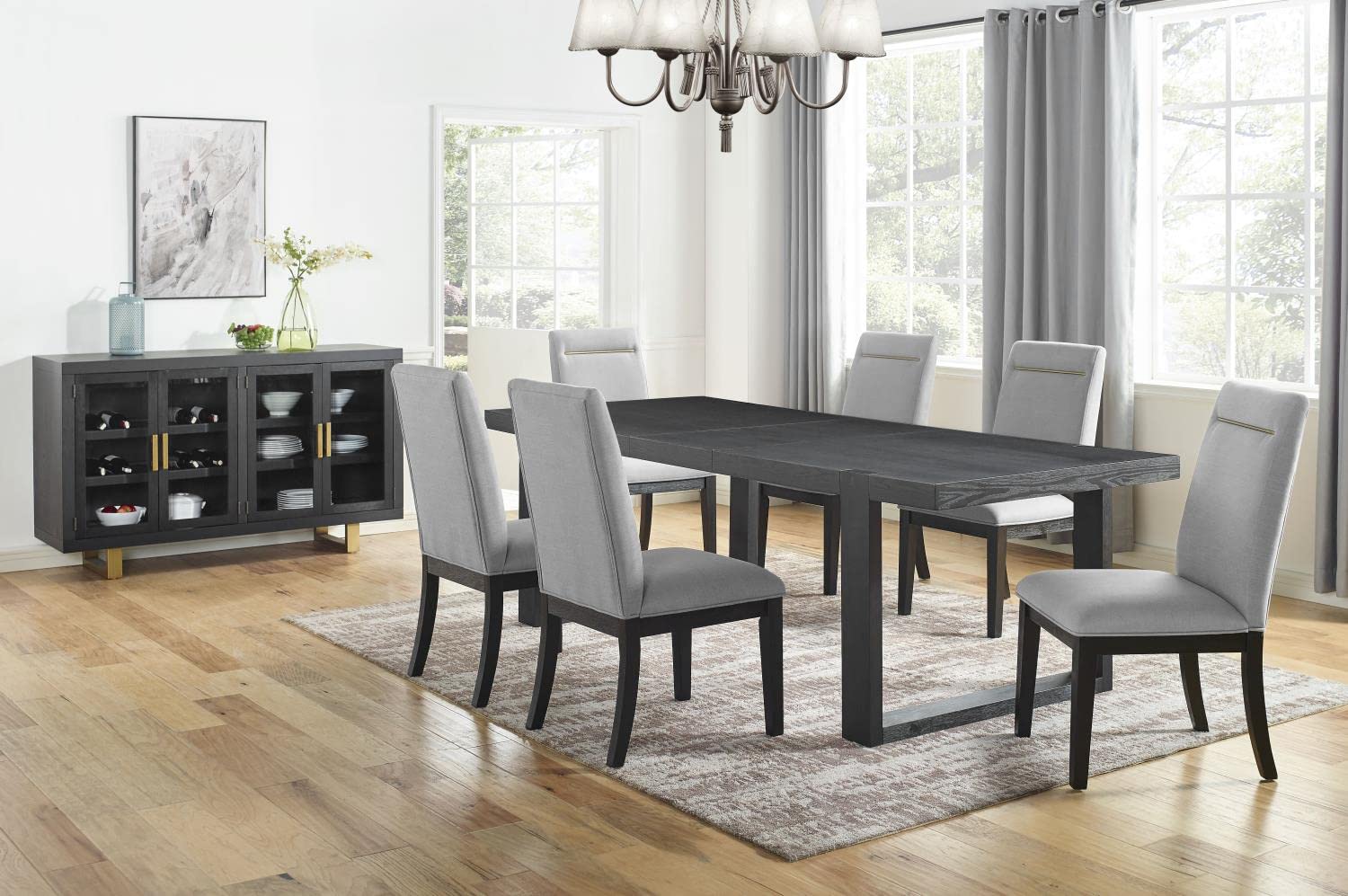 Steve Silver Yves Rubbed Charcoal 8-Piece Dining Set with Gray Side Chairs - Modern Kitchen & Dining Room Furniture for Family Gatherings & Dinner Parties
