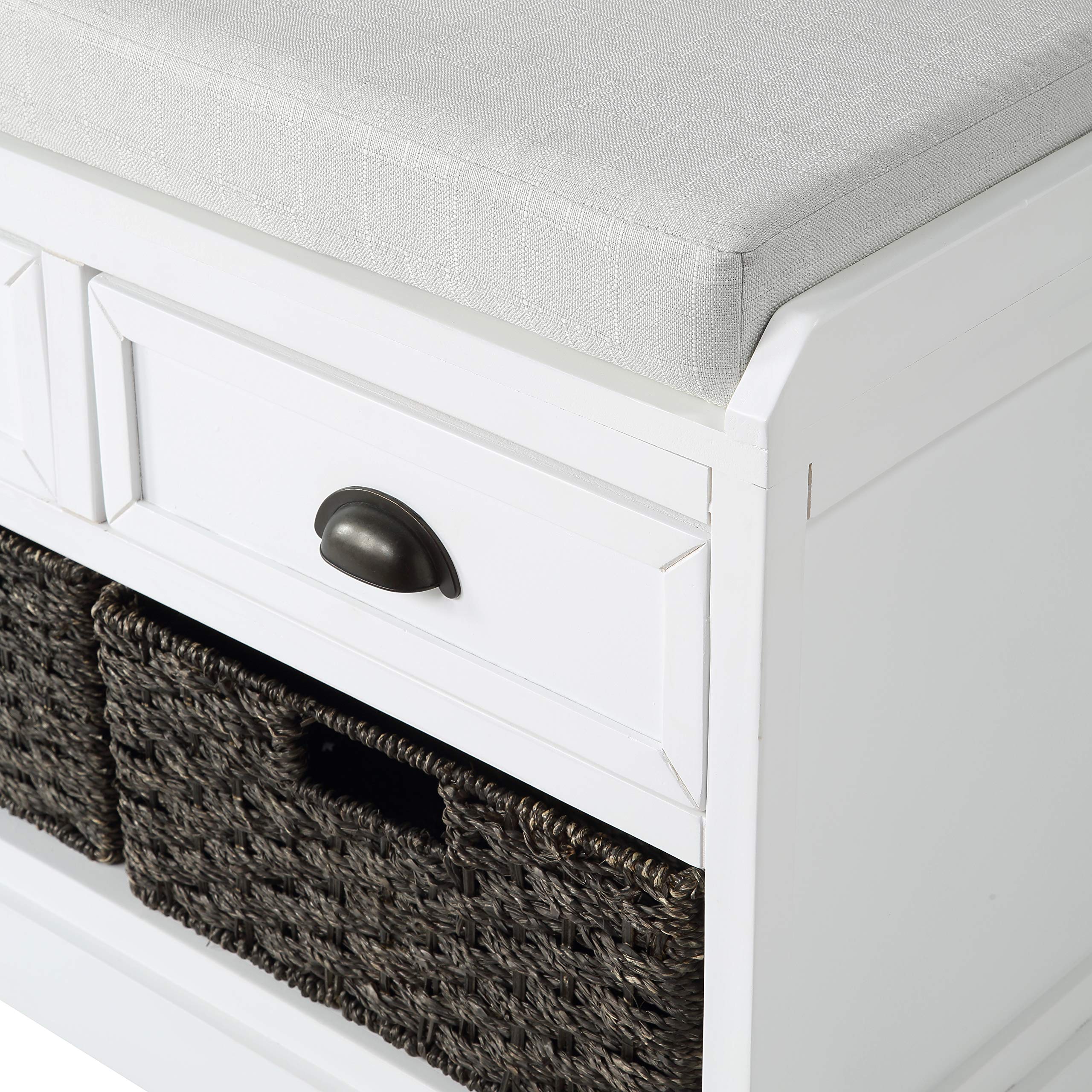 Wooden Storage Bench with 3 Drawers & Wicker Baskets - Entryway Shoe Bench with Removable Cushion for Hallway, Living Room, Bedroom - White Home Furniture for Organizing Shoes, Blankets & Home Decor