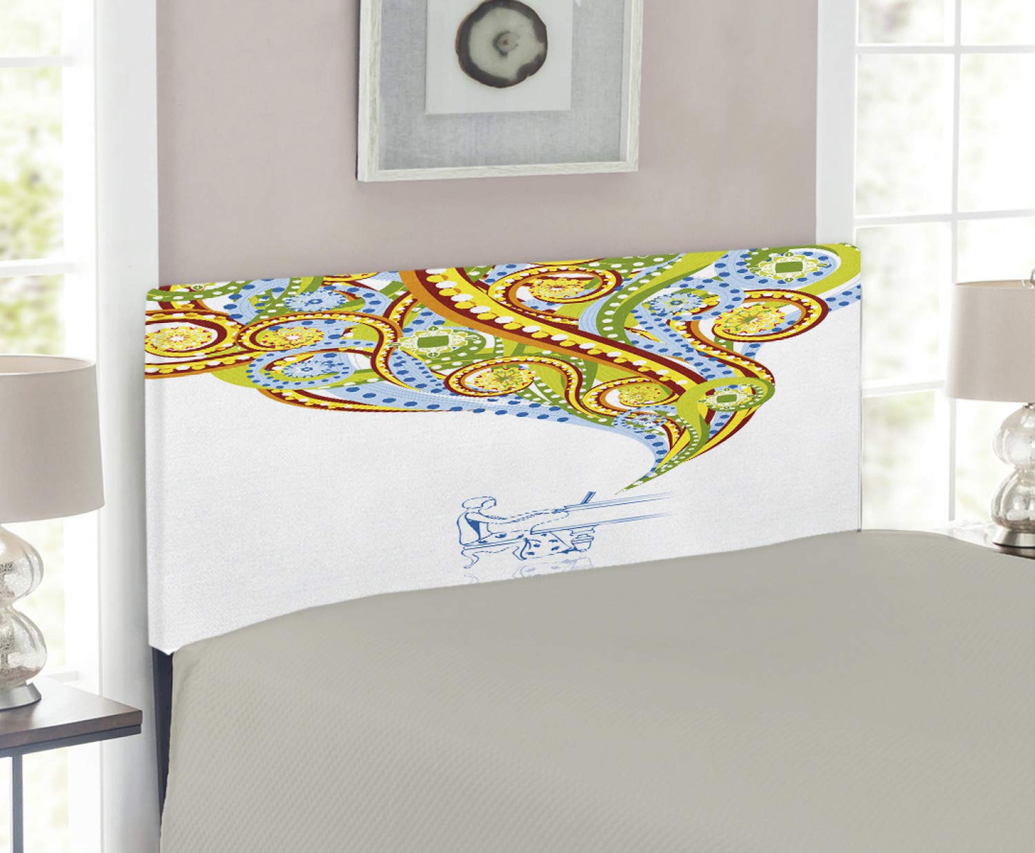 Ambesonne Abstract Upholstered Metal Headboard - Hand Drawn Pianist Performing with Colorful Music Swirls, Twin Size Memory Foam Bed Headboard in Multicolor | Perfect for Bedroom Decor, Guest Rooms & Music Lover's Home