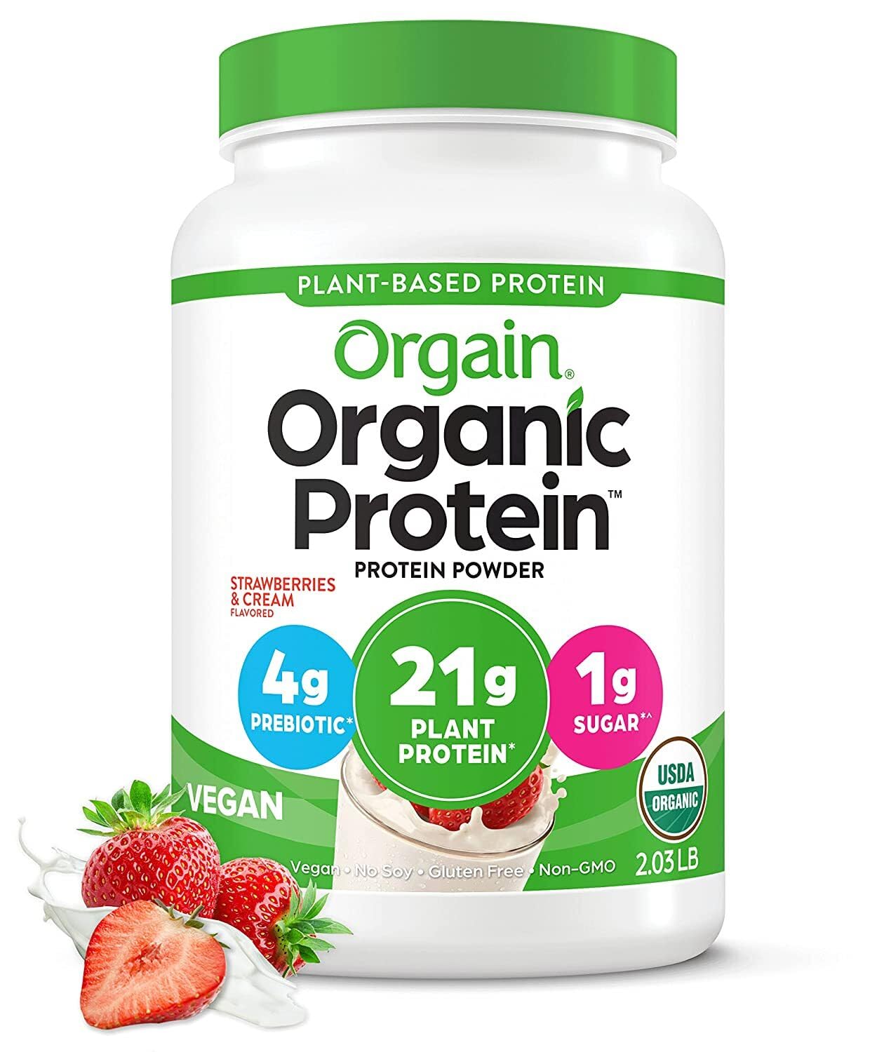 Orgain Organic Vegan Protein Powder, Strawberries & Cream - 21g Plant Based Protein, Low Carb, Gluten Free, Lactose Free, No Sugar Added, Soy Free, Non-GMO, 2.03lb (920g) for Post-Workout Recovery & Healthy Smoothies