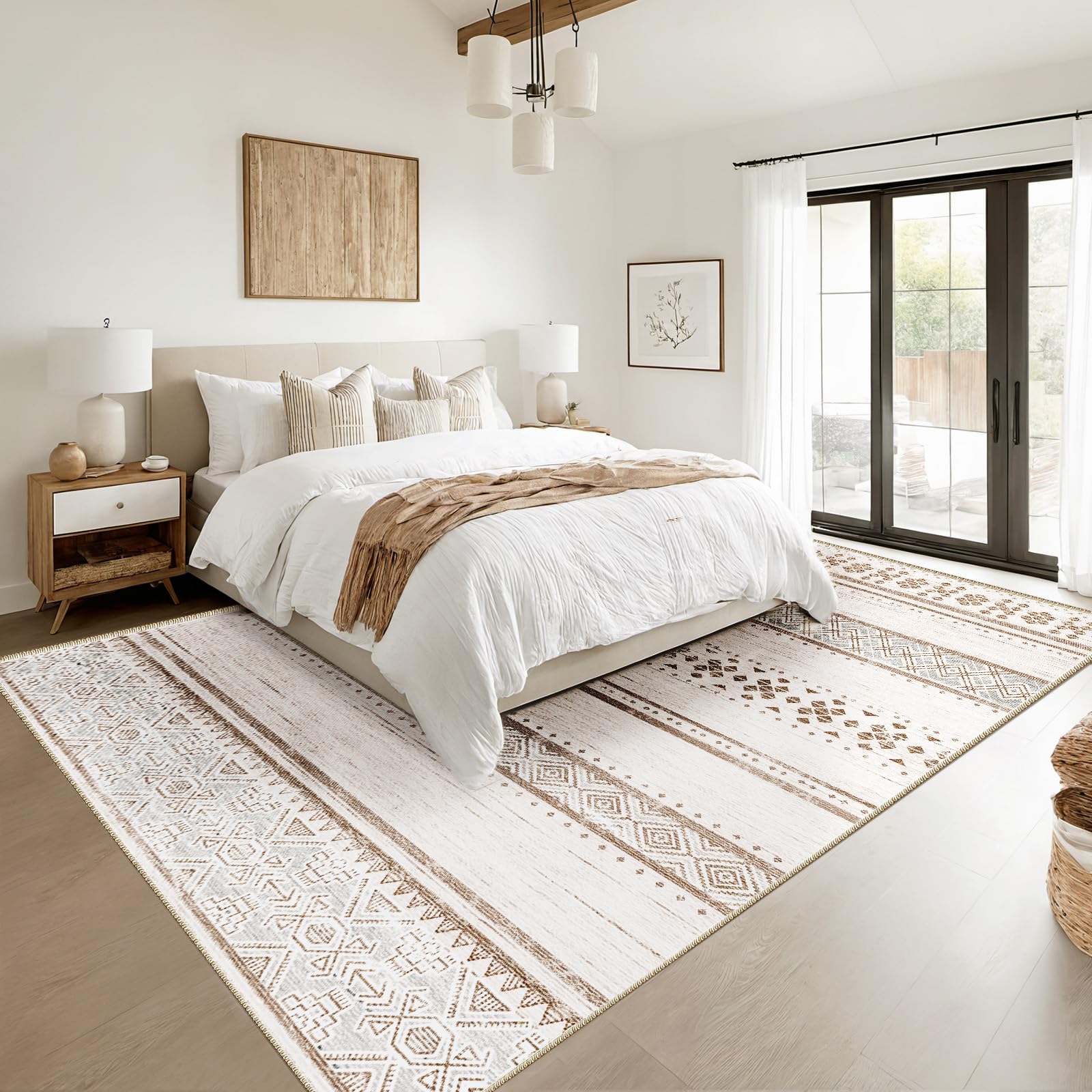 BESTSWEETIE 8x10 Washable Moroccan Farmhouse Area Rug - Soft Low Pile Non-Slip Geometric Print in Cream/Brown/Pink - Perfect for Living Room, Bedroom, Kitchen, Dining Room & Entryway - Neutral Decor for Cozy Home & Farmhouse Style