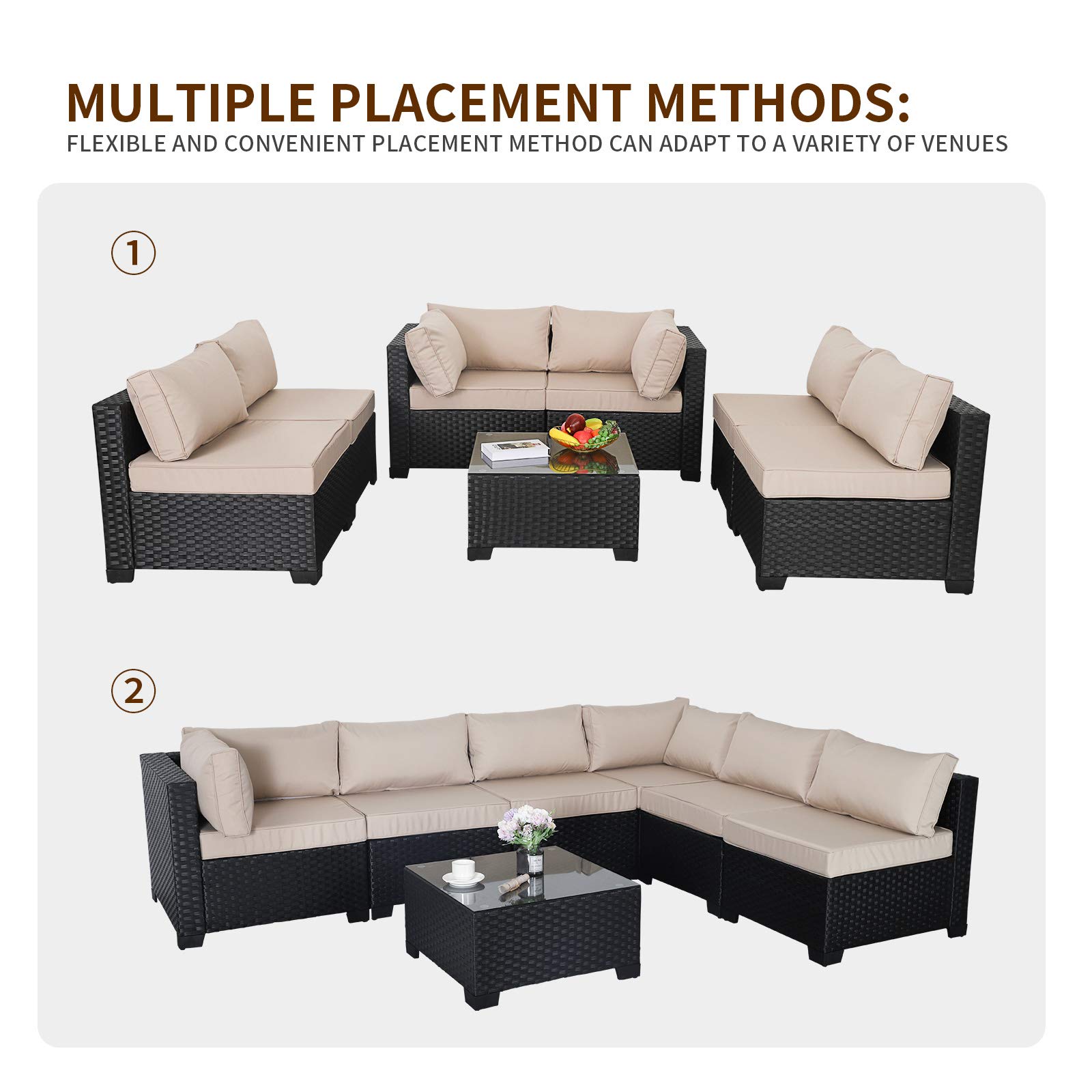Valita 7-Piece Outdoor PE Wicker Patio Furniture Set - Black Rattan Sectional Sofa with Washable Khaki Cushions | Perfect for Backyard, Poolside & Garden Relaxation