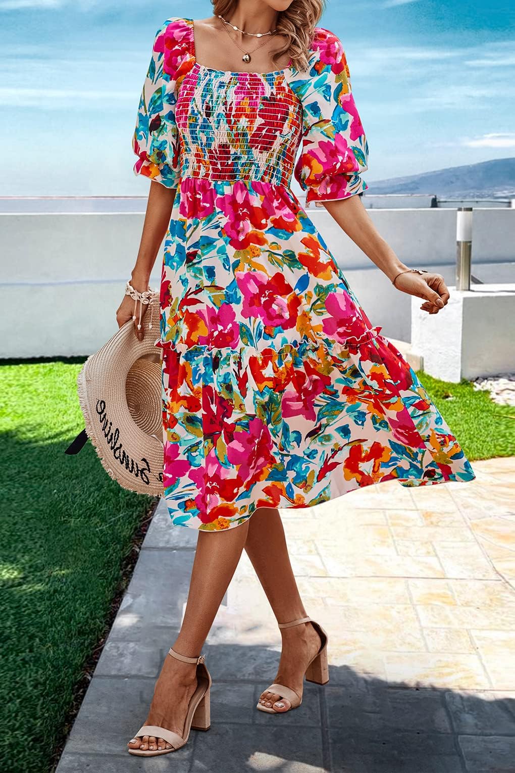 PRETTYGARDEN Women's Summer Casual Dress 2025 - Puff Sleeve Square Neck A-Line Flowy Boho Floral Smocked Midi Dress for Beach, Vacation & Spring Outfits