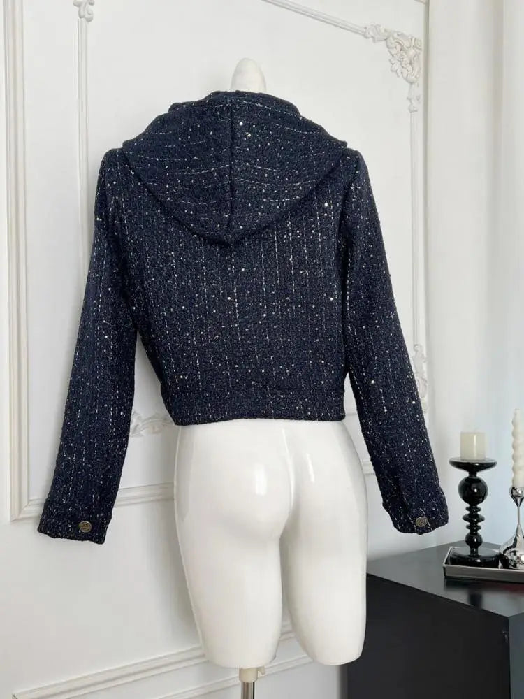Vintage French Fashion Women's Blue Long Sleeve Hooded Zipper Jacket - Elegant Winter Coat for Ladies, Autumn Outerwear, Casual Vacation Wear & Daily Street Style