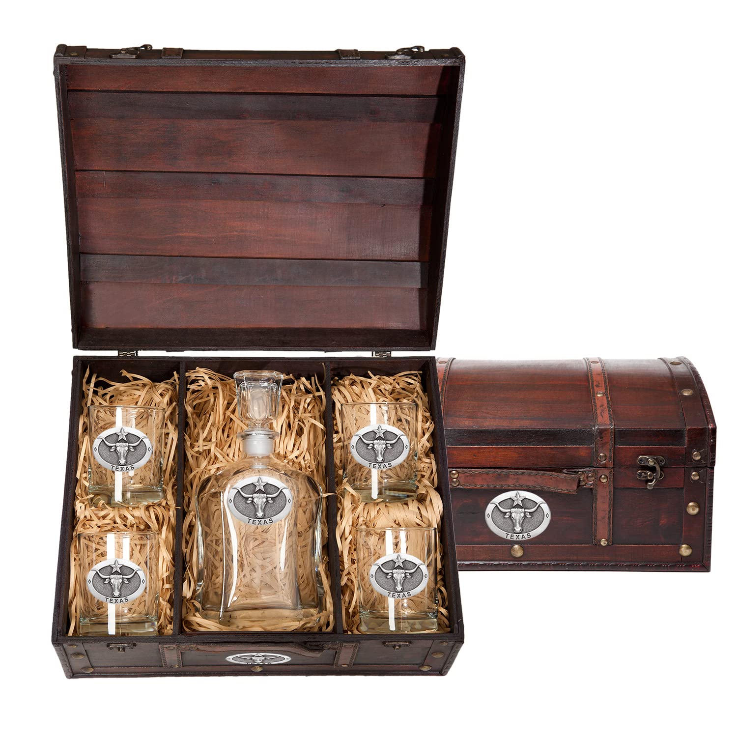 Heritage Pewter Longhorn Texas Capitol Decanter Chest Set - 24 oz Liquor Pourer with 4 Double Old-Fashioned Glasses | Handcrafted Pewter Barware for Whiskey, Bourbon & Scotch | Perfect for Home Bars, Gifts & Western-Themed Parties