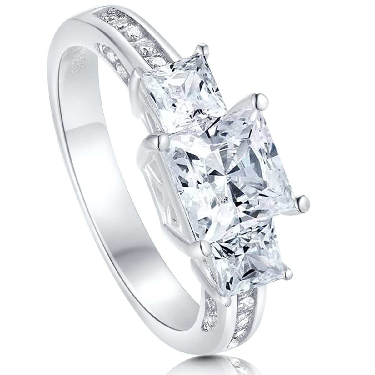 2.6 Carat (ctw) 3-Stone Princess Cut Moissanite Engagement Ring for Women - Platinum Plated Sterling Silver Wedding Band (Size 4.5-11) | Perfect Proposal Gift & Anniversary Jewelry