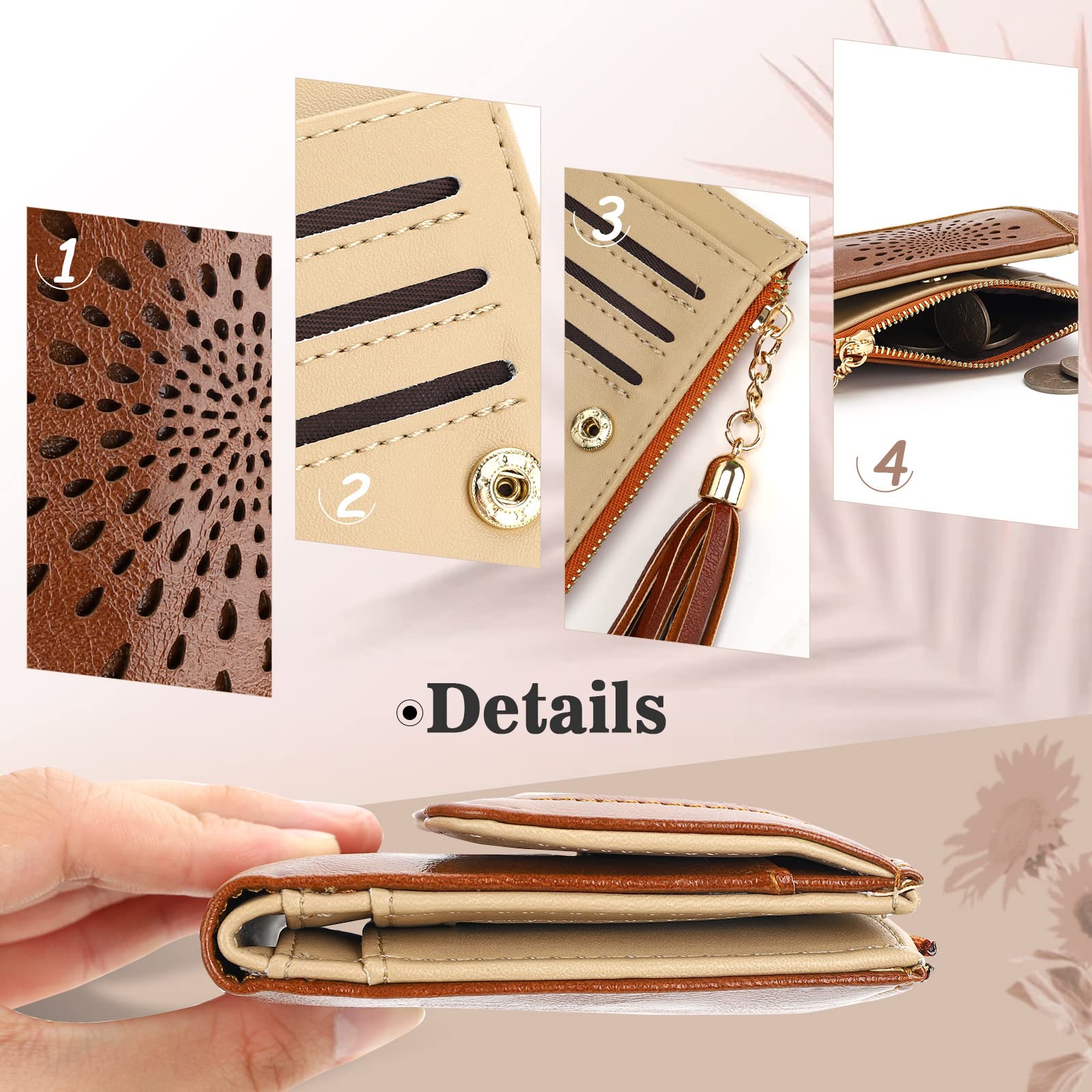 APHISON RFID Blocking Leather Wallet for Women - Compact Bifold Zipper Wallet with Tassel & ID Card Holder, Sunflower Design, Brown | Perfect for Everyday Use, Travel & Gift Giving