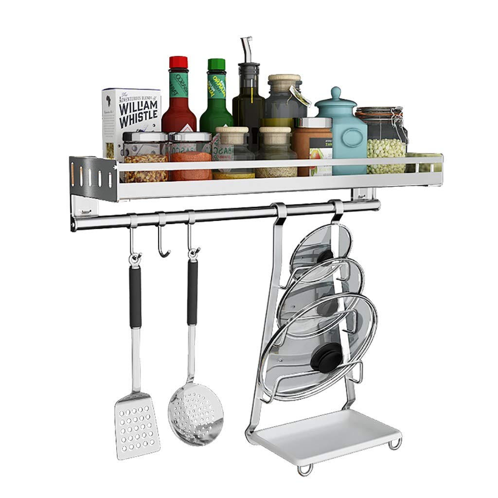 Premium 304 Stainless Steel Wall Mounted Spice Rack & Pot Lid Holder with 3 Hooks - Space Saving Kitchen Organizer for Spices, Utensils & Cookware Lids - Perfect for Small Kitchens, RVs & Apartments