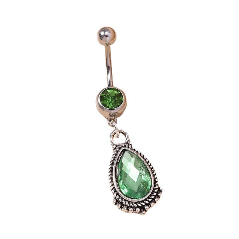 Green Zircon Teardrop Dangle Belly Button Rings | Surgical Steel Navel Piercing Jewelry | Perfect for Belly Dance, Beach Wear & Summer Fashion