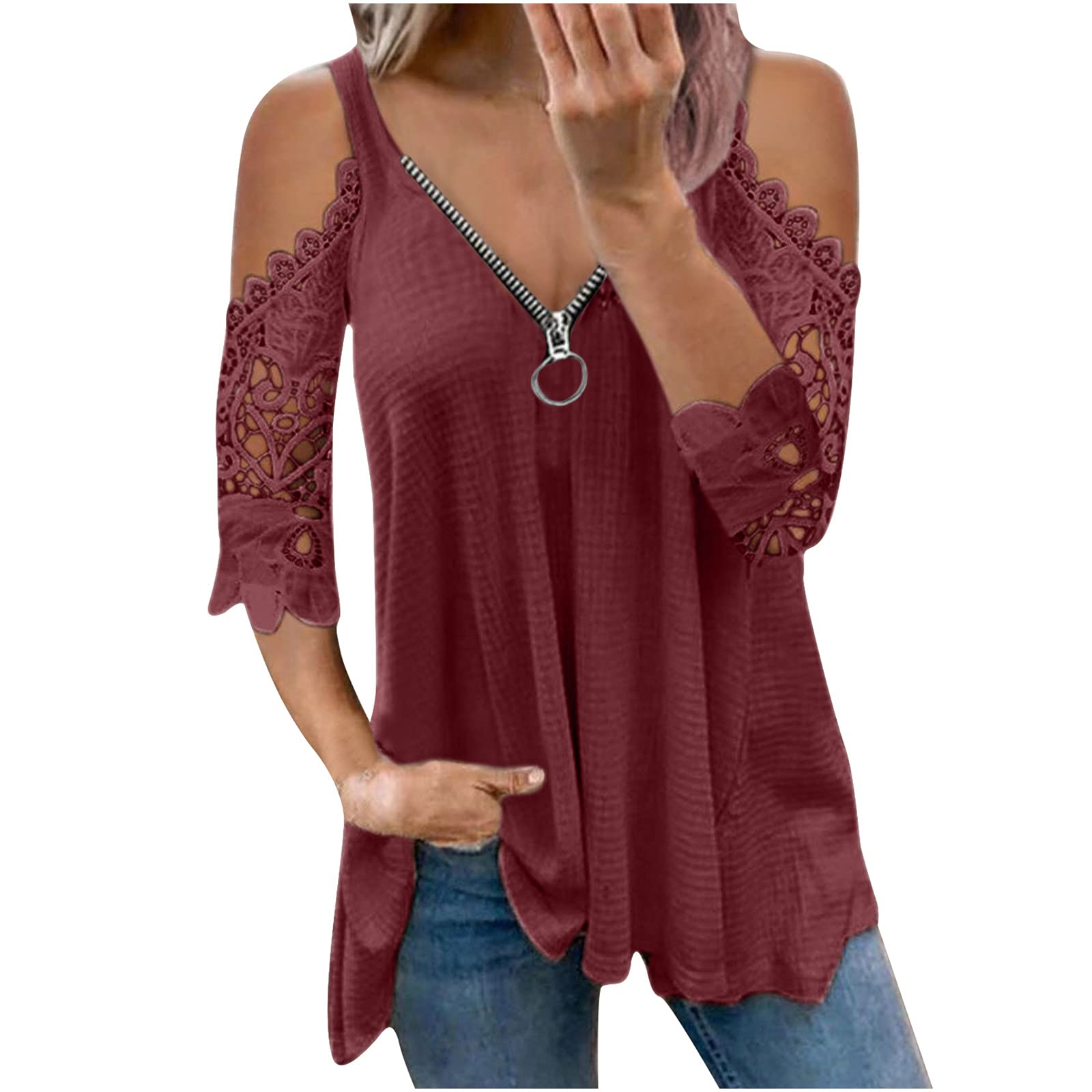 WANGXIYAN Women's Summer Off Shoulder T-Shirt - Sexy V-Neck Zip Tunic Top, Casual Loose Short Sleeve Blouse for Beach, Party & Vacation | Comfortable Fashion Clothes