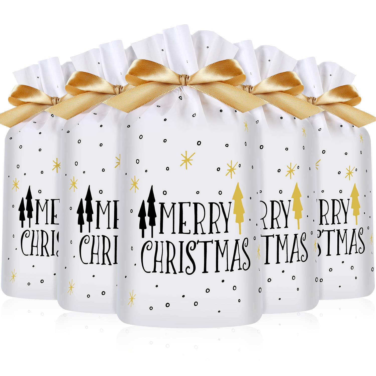 Frienda 30 Pack Christmas Tree Print Drawstring Treat Bags - Plastic Candy Cookie Favor Bags for Holiday Parties, Christmas, Weddings, Birthdays & Engagement Celebrations | Perfect for Gift Giving & Party Favors