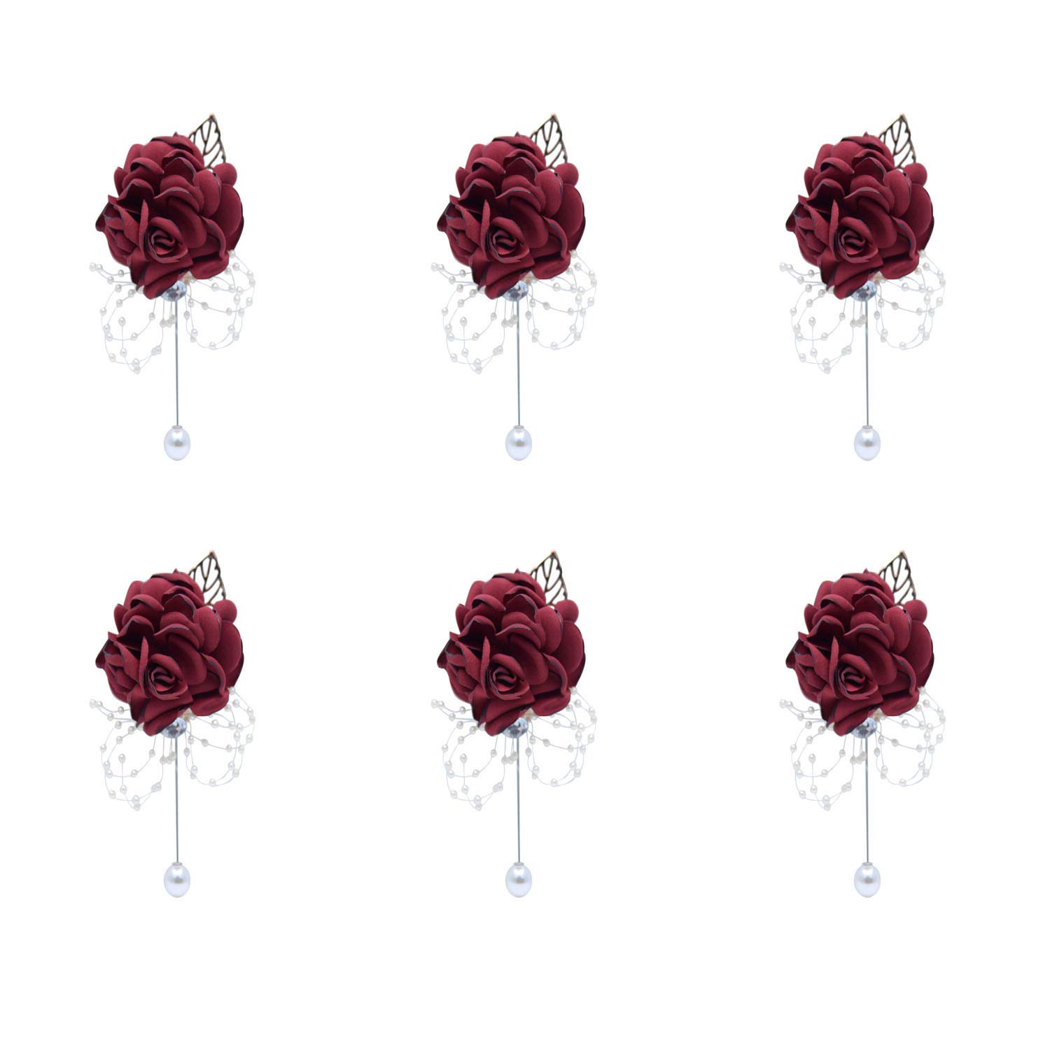 Flonding Boutonniere Set of 6 - Wine Red Groom Boutonnieres for Wedding, Prom & Suit Decoration - Best Man & Groomsmen Flower Corsage - Perfect for Formal Events, Ceremonies & Special Occasions