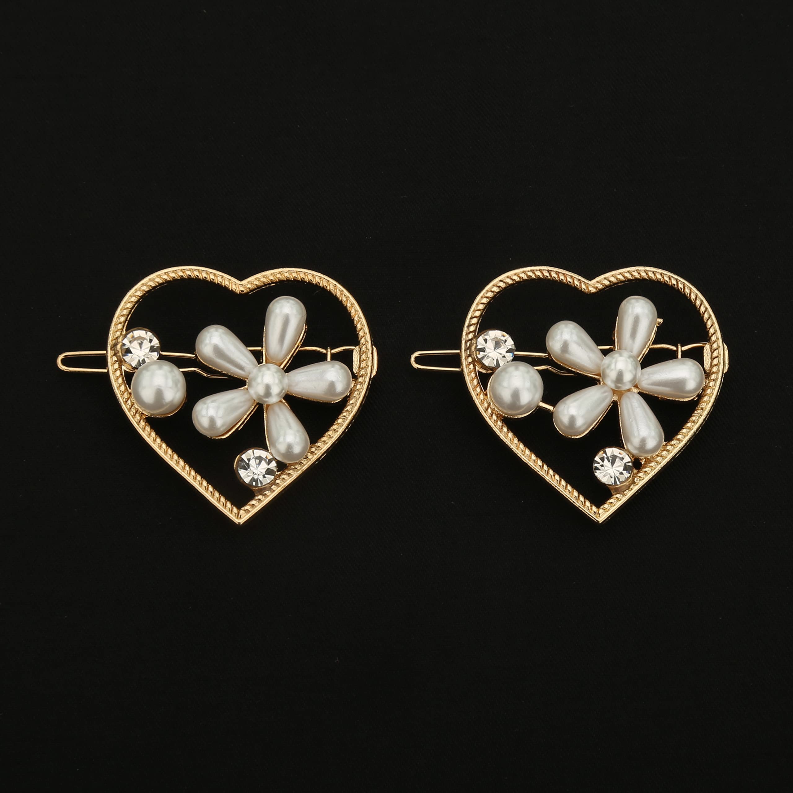 HOC® Pearl Rhinestone Hair Clips for Women - Elegant Heart Hairpins & Barrettes for Wedding, Anniversary, Prom, Party - 2 Pack Gold Hair Accessories - Perfect for Bridal, Formal Events & Special Occasions
