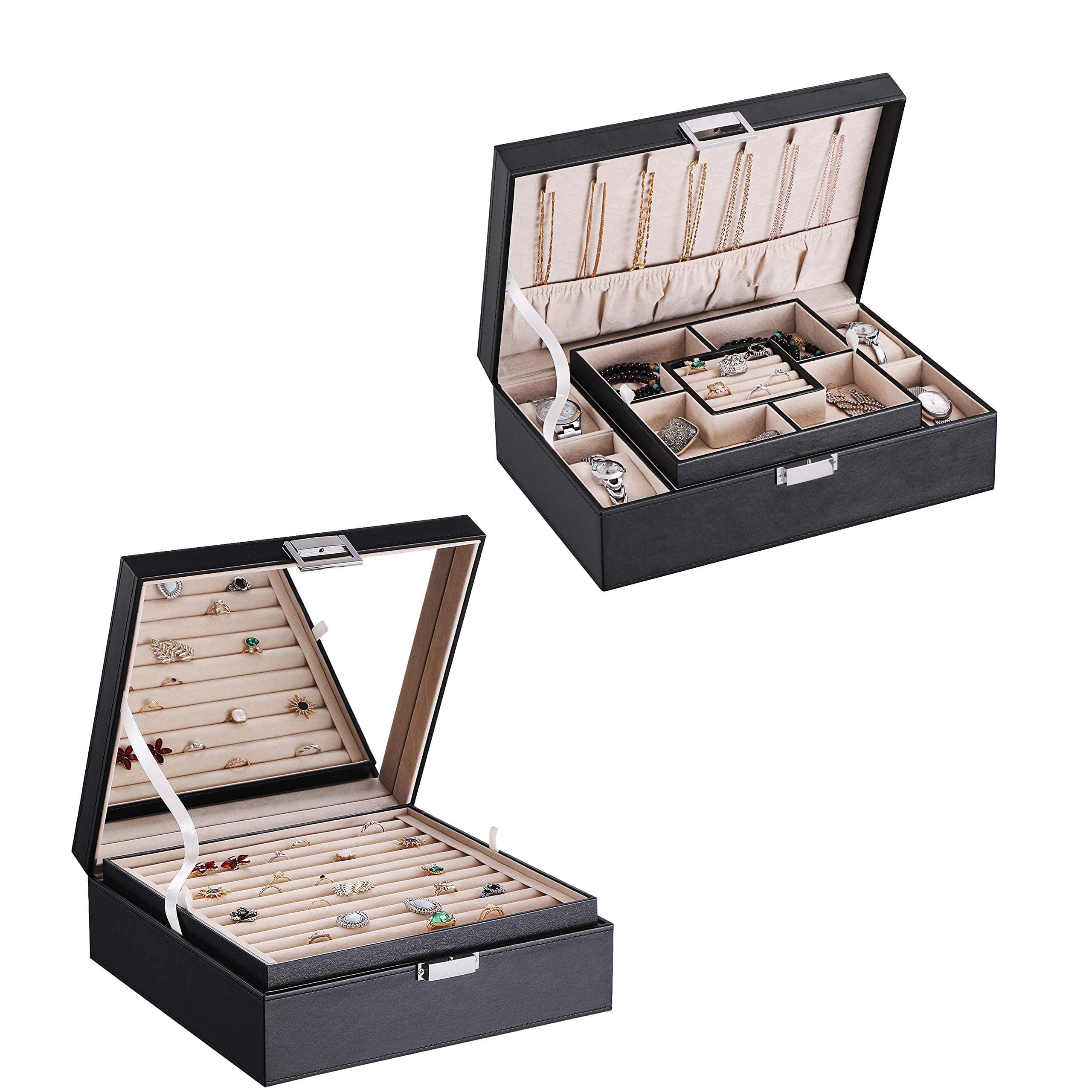 BEWISHOME Jewelry Box Organizer - 4 Watch Case with Removable Tray, Ring & Earring Holder - Perfect for Travel, Gift Giving & Jewelry Storage Organization